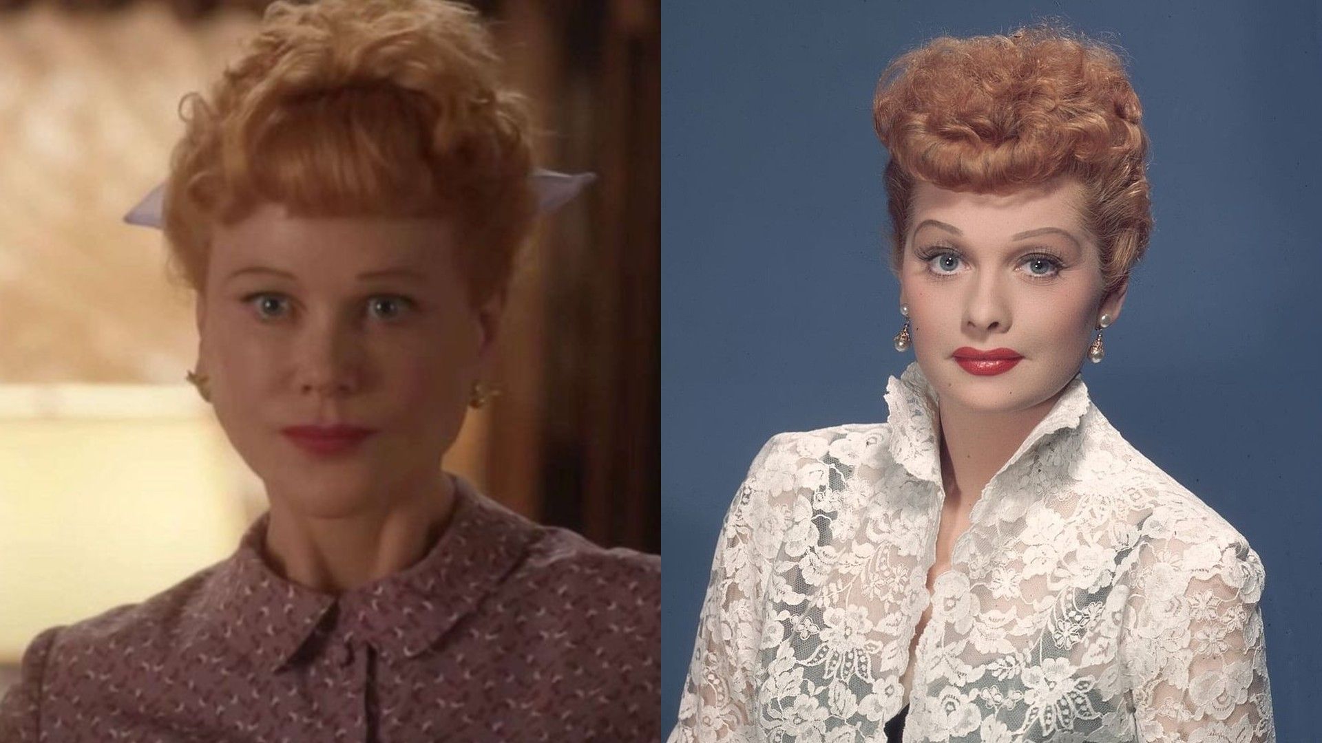 On the left Nicole Kidman in Lucille Ball makeup, on the right a portrait of Lucille Ball