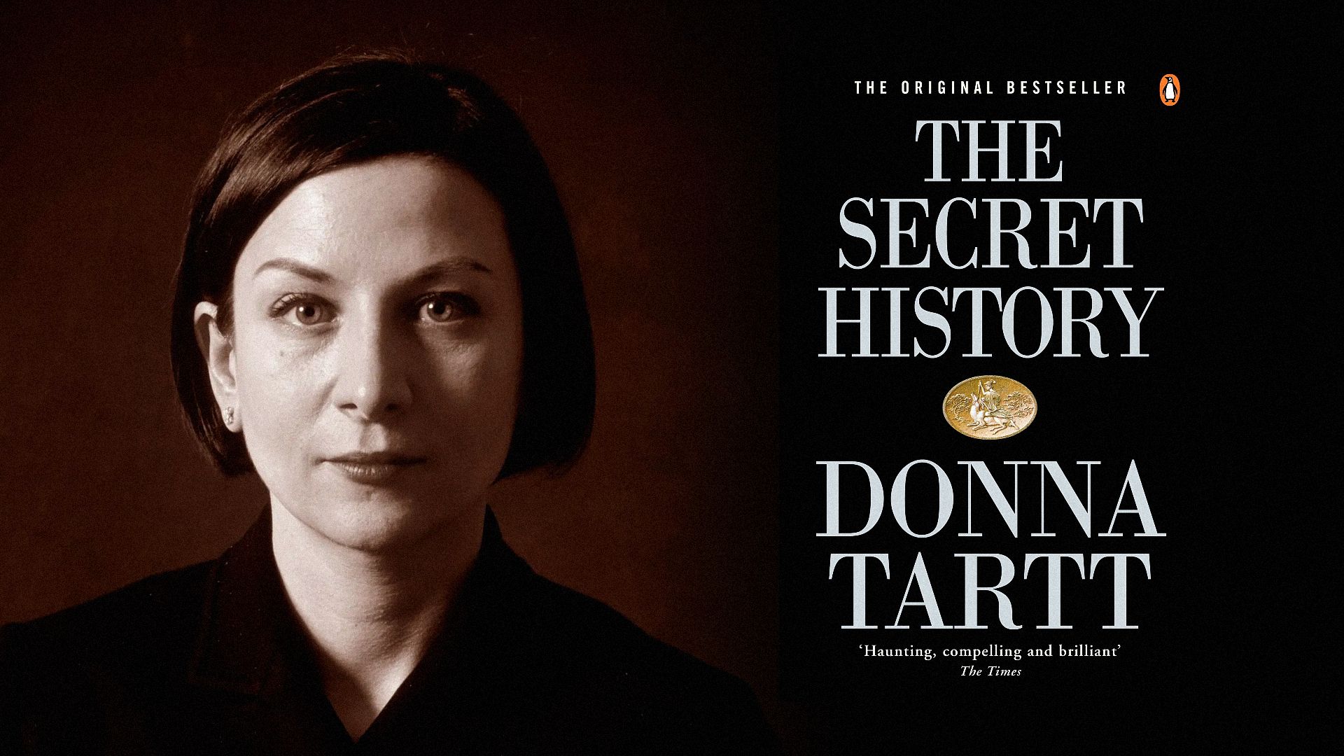 Writer Donna Tartt in black clothing looks at the camera next to a book cover with a small penguin on it