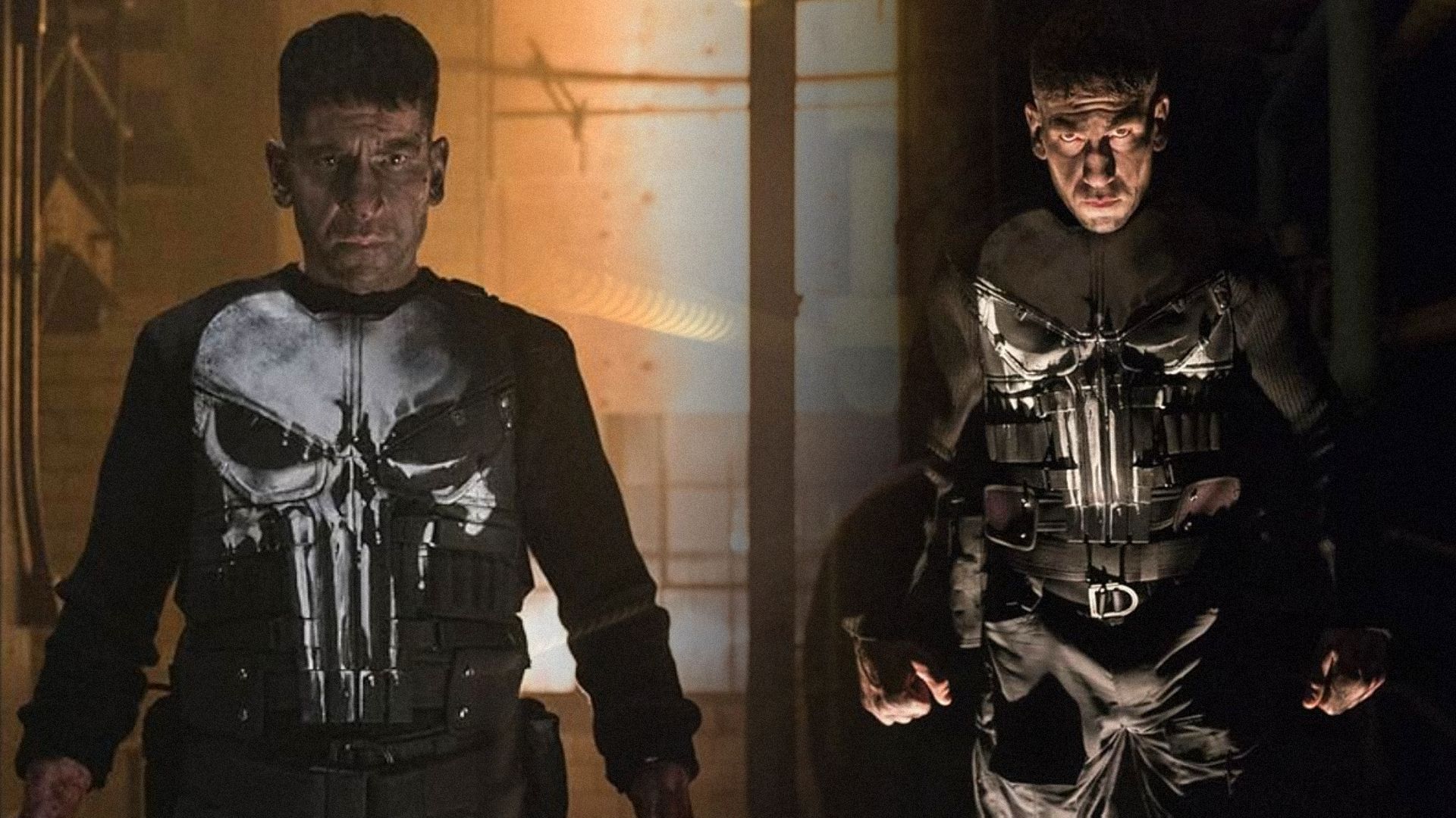 Actor Jon Bernthal in clothing with skull print stands in yellow light