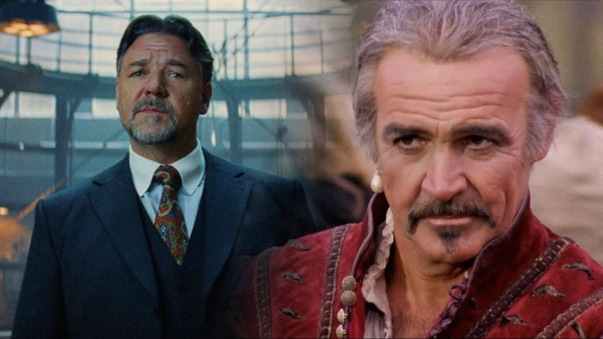 Actor Russell Crowe in a black suit looking at the camera and actor Sean Connery as the Egyptian Ramirez