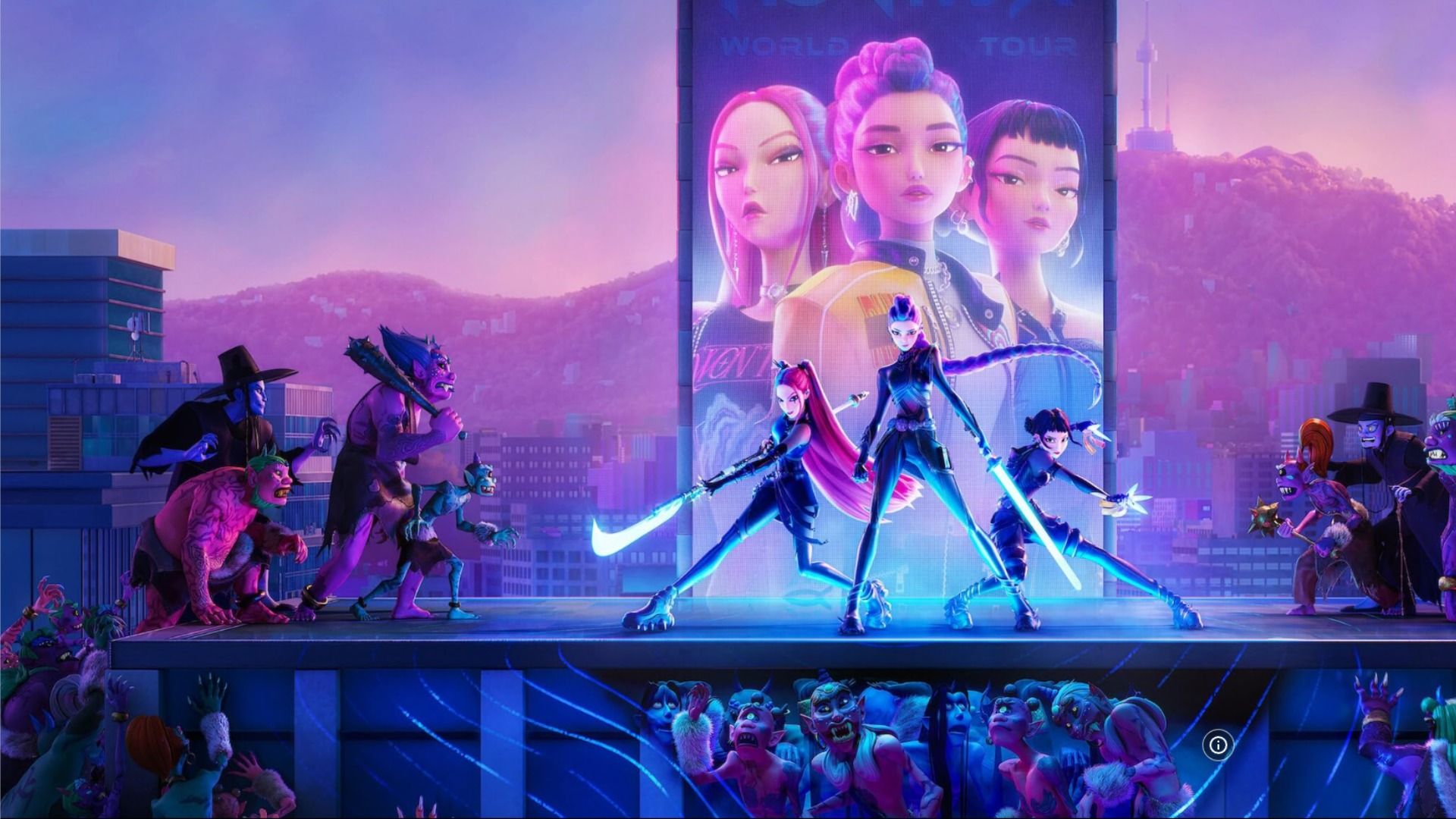 Three girls in dark clothing with swords in their hands standing on stage in pink light