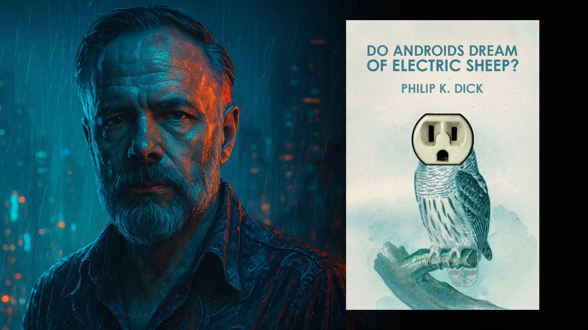 Writer Philip K. Dick stands in the rain under blue-orange light, next to a book cover featuring an owl