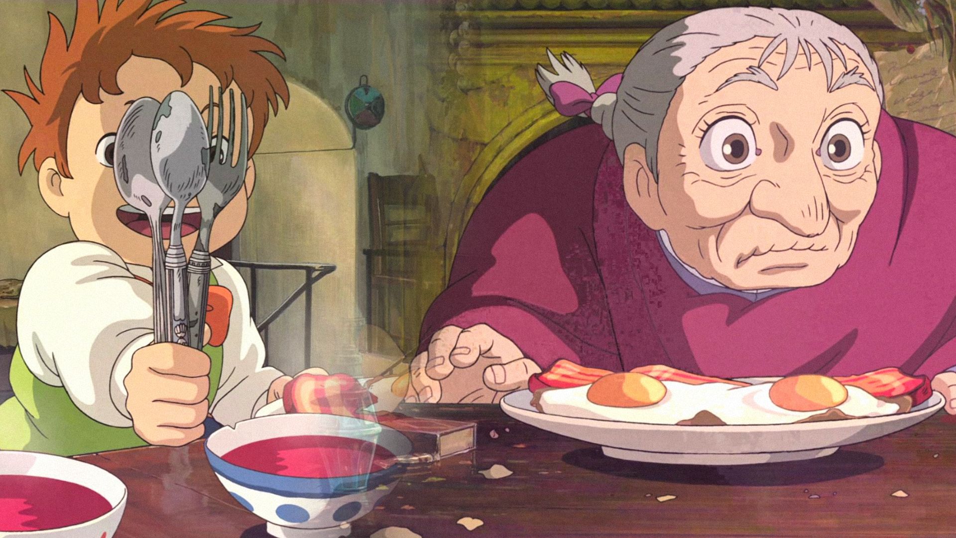 A boy with utensils and an elderly woman at the table, preparing to have scrambled eggs for breakfast