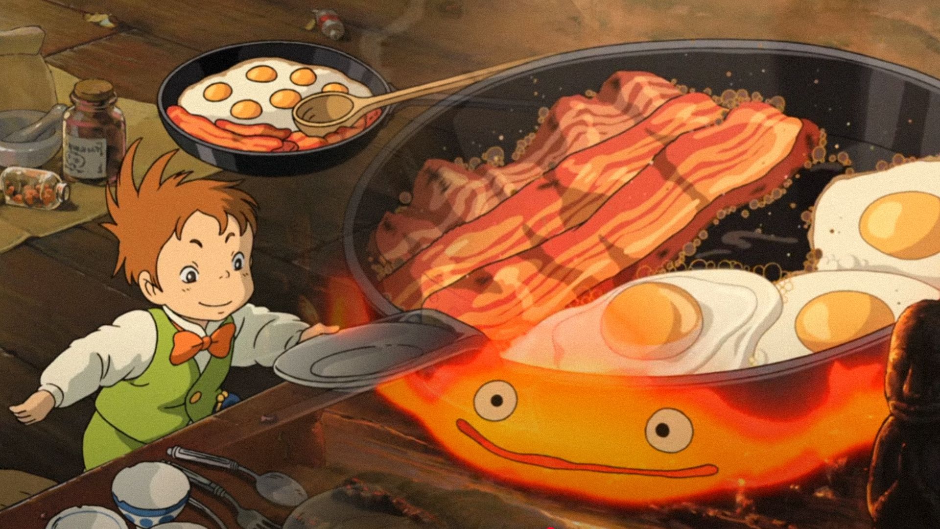 A frying pan with chicken eggs and several slices of bacon cooking in it