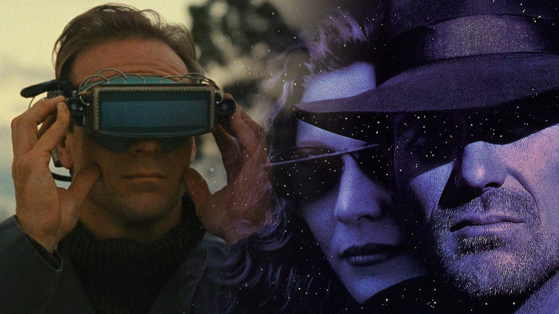 A man stands wearing glasses with one lens next to a man and woman in purple light