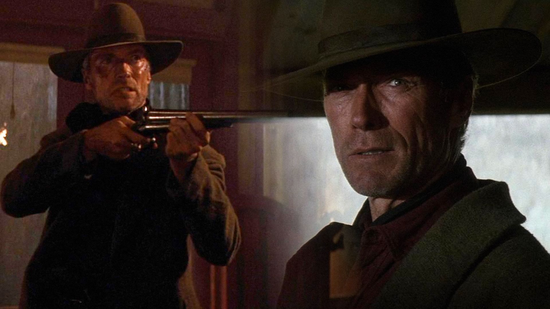Actor Clint Eastwood stands wearing a hat and holding a rifle