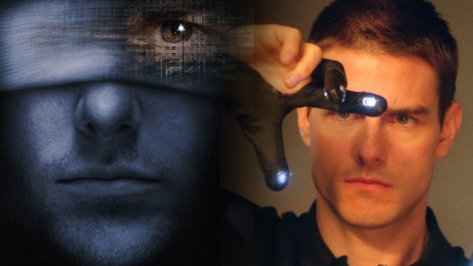 Actor Tom Cruise in black gloves with glowing sensors on his fingers