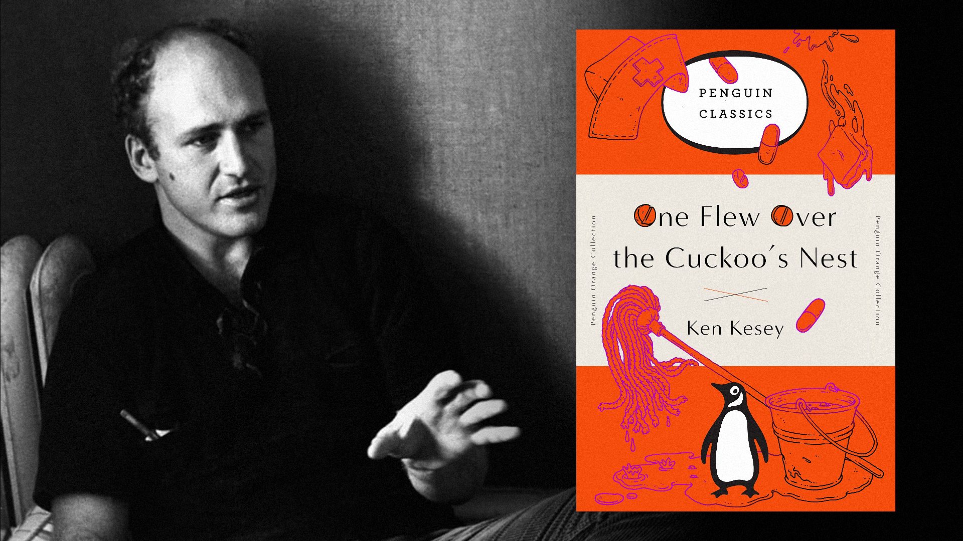 Writer Ken Kesey sits in black clothing, next to a book cover featuring a bucket and mop