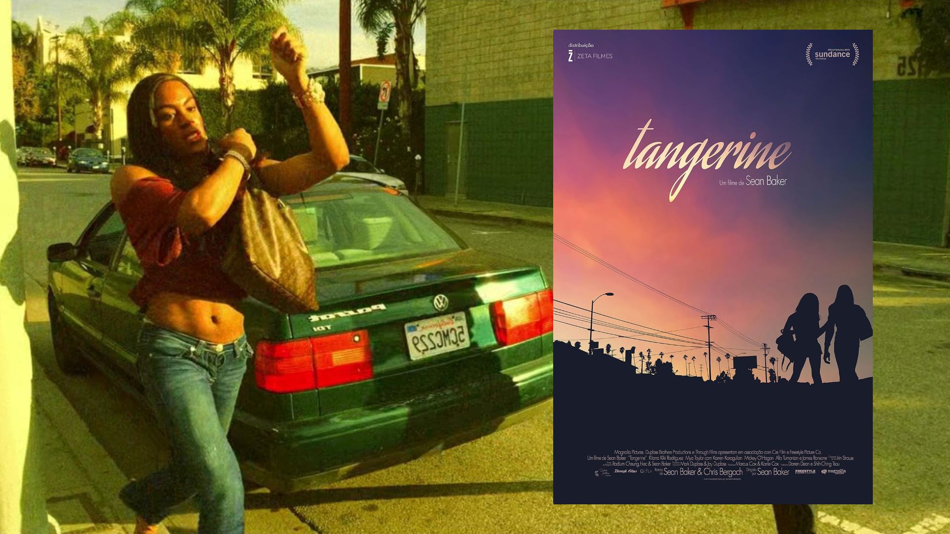 A girl with a bag in her hands walks down a sun-drenched street, next to a movie poster featuring silhouettes of two girls