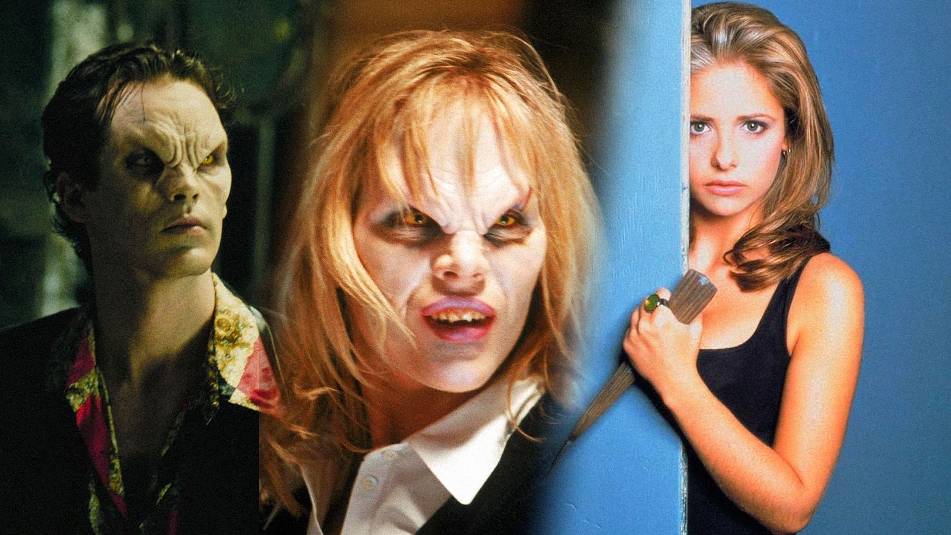 Man and woman in vampire costumes with yellow eyes, actress Sarah Michelle Gellar holding a stake