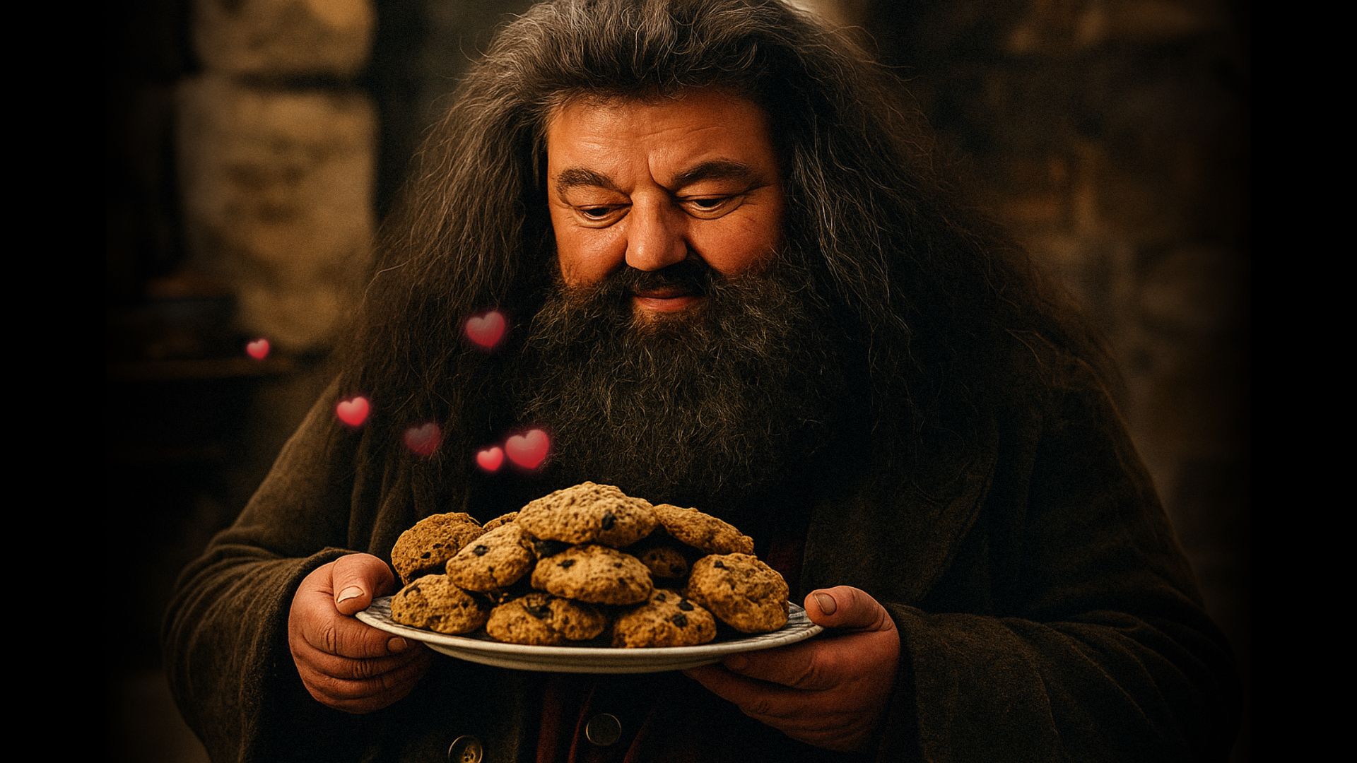 A man with a thick beard holding a plate of cookies and smiling
