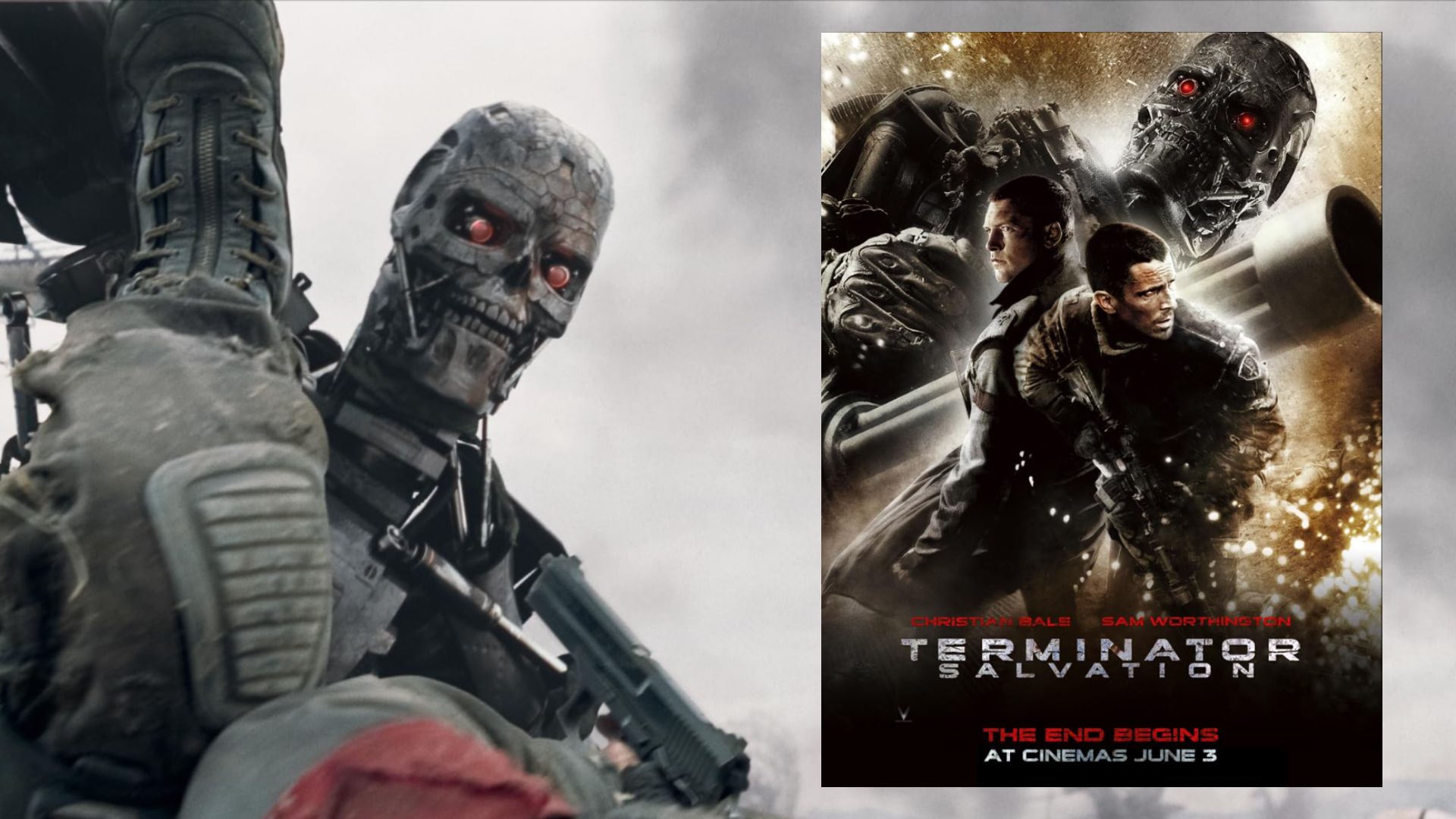 Silver Terminator robot against sky background and movie poster featuring Christian Bale standing with a weapon