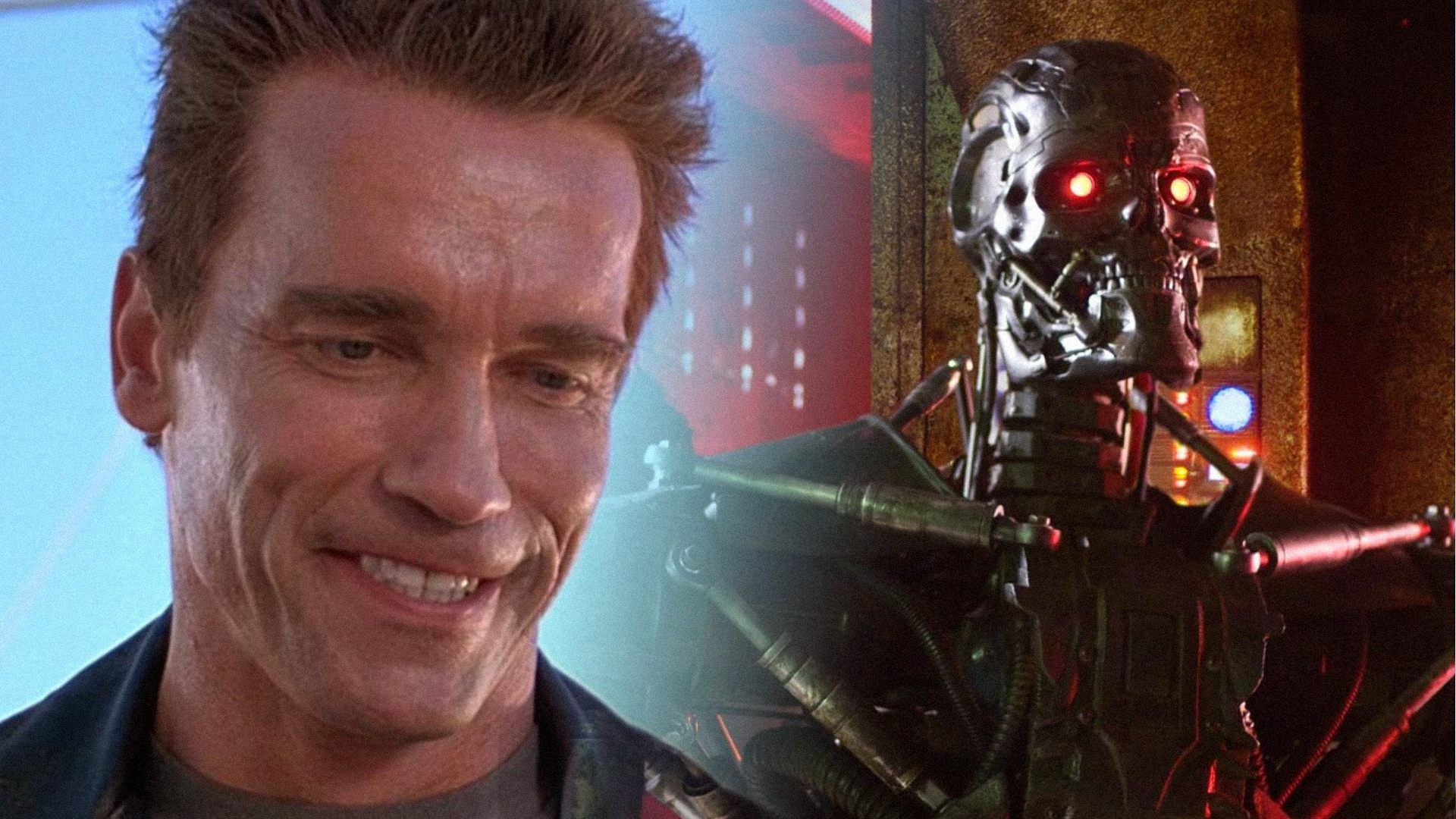 Actor Arnold Schwarzenegger smiling with the Terminator robot standing nearby in brown light