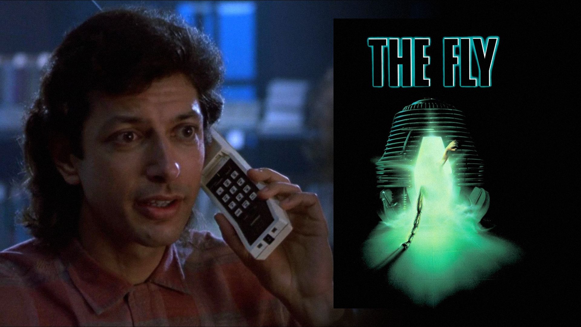 Actor Jeff Goldblum with a portable phone and a movie poster featuring a teleporter