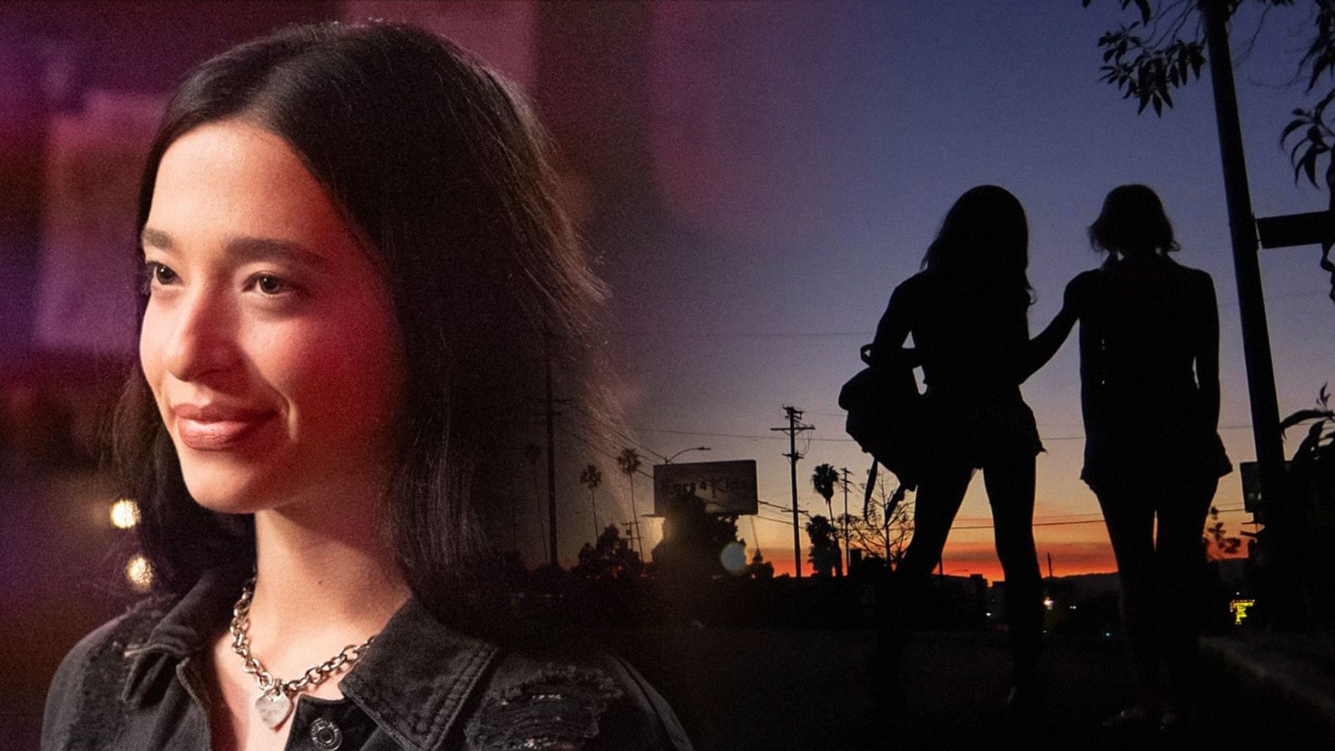 Actress Mikey Madison smiles and looks to the side, next to silhouettes of two girls standing against the sky