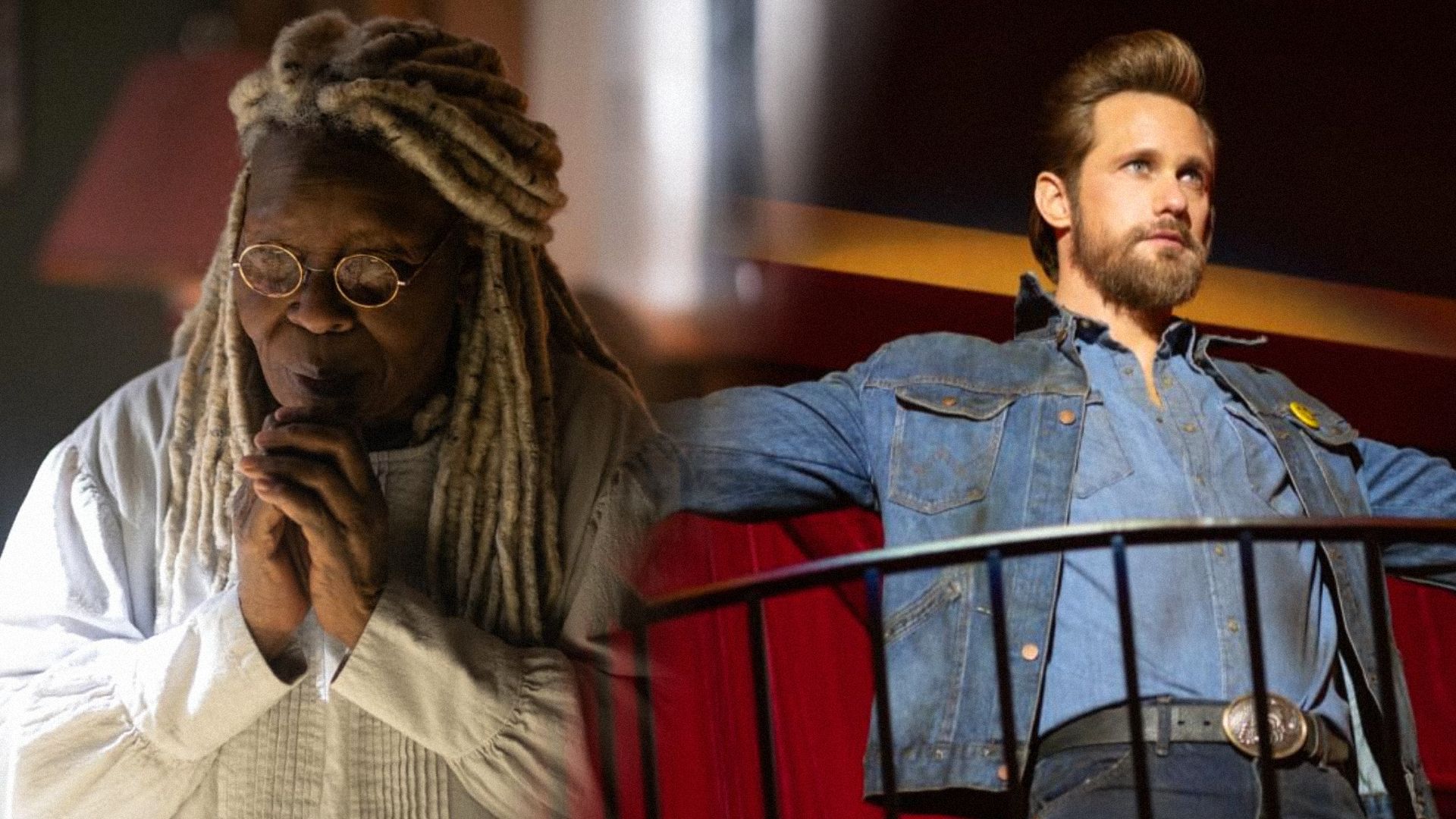 Actress Whoopi Goldberg in white clothing and actor Alexander Skarsgård in a denim jacket