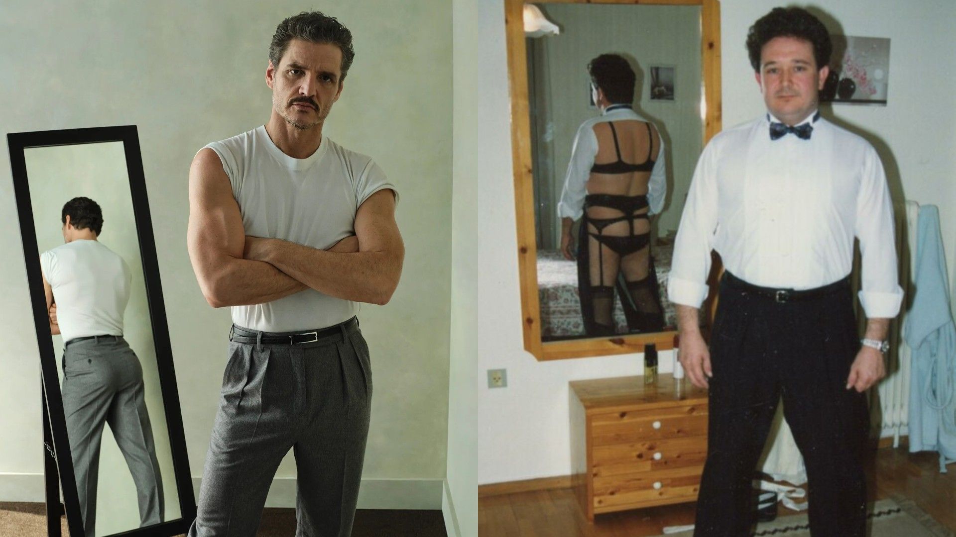On the left Pedro Pascal stands with arms crossed against a mirror background where his back is reflected, on the right a man in a classic white shirt and bow tie stands facing the camera while reflected in the mirror wearing women's lingerie