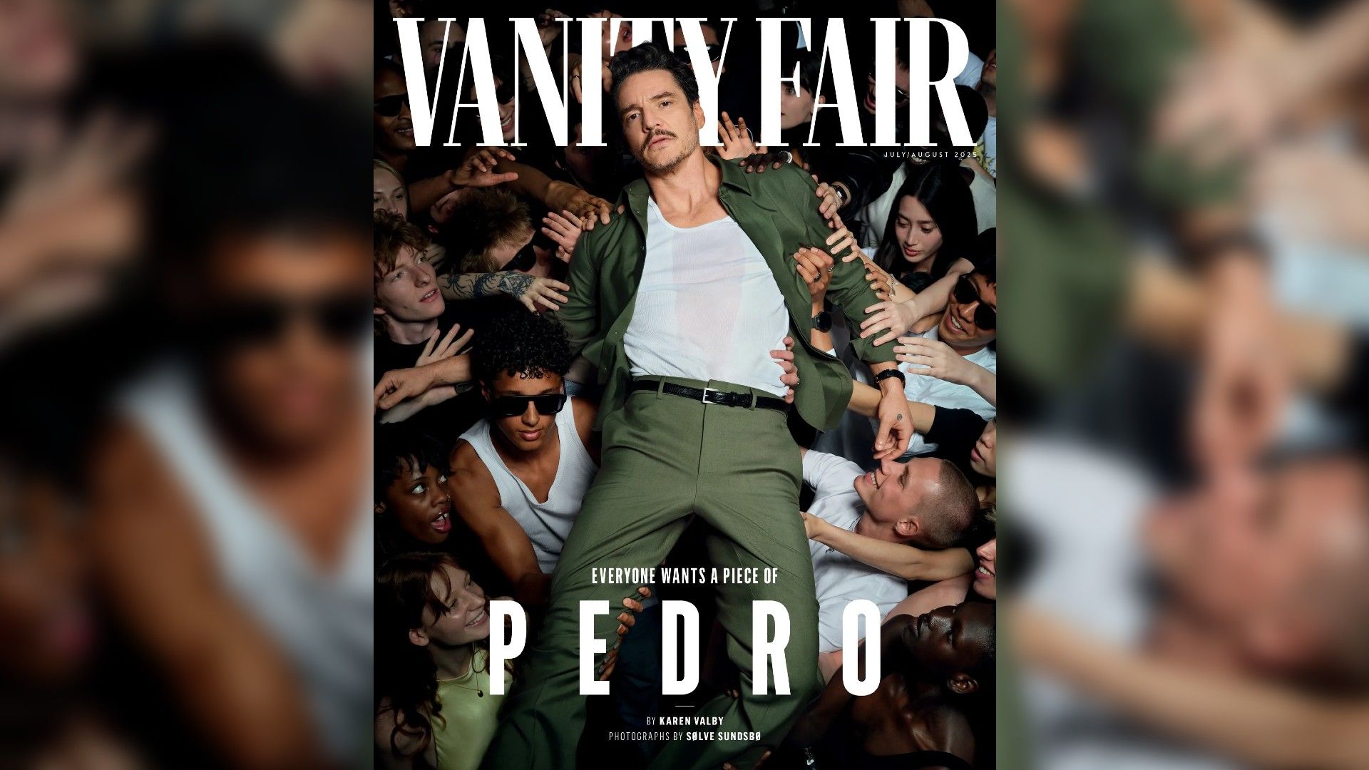 Pedro Pascal being carried in people's arms with Vanity Fair text above