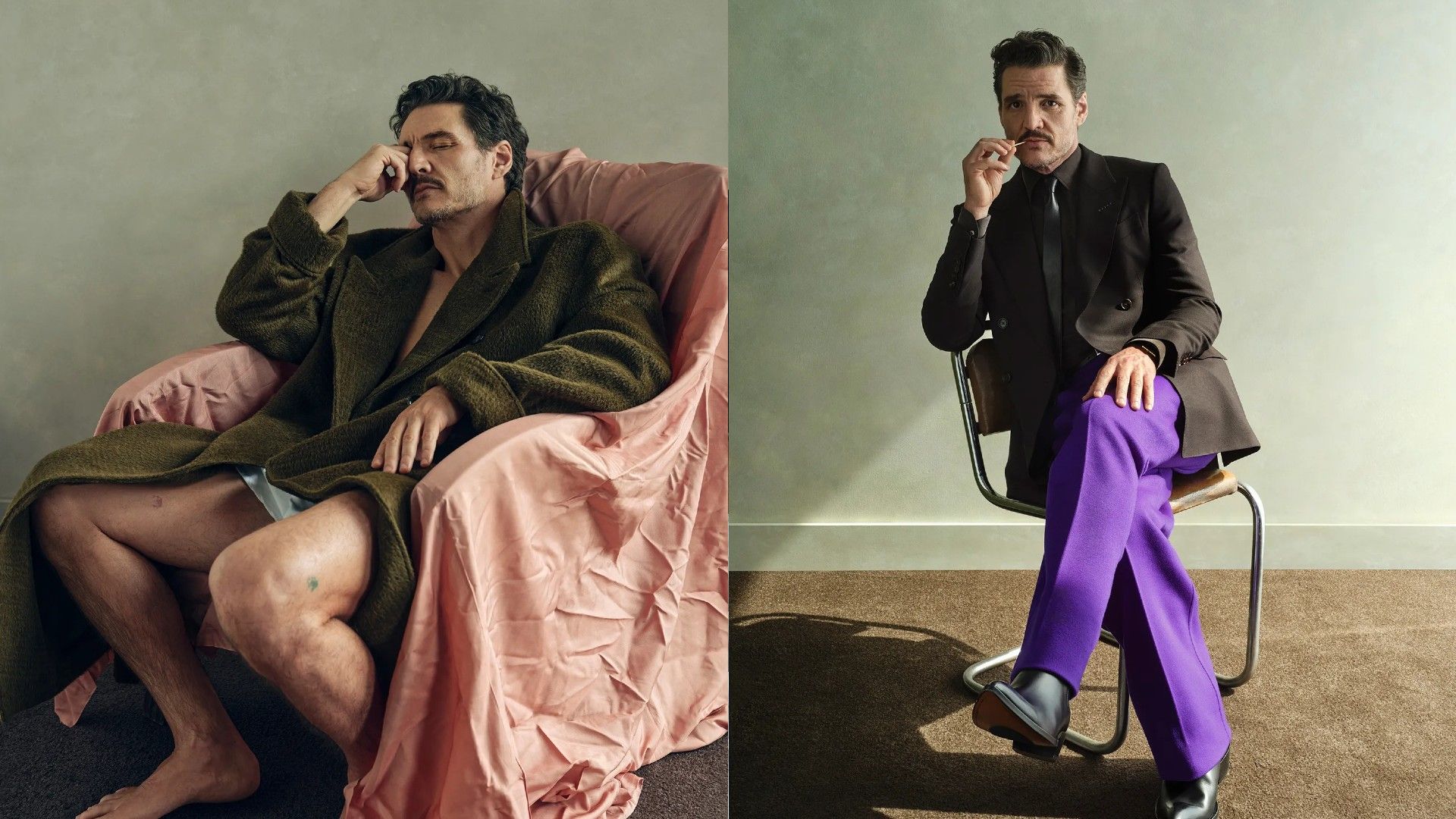 Pedro Pascal: on the left sitting in a chair, on the right sitting cross-legged