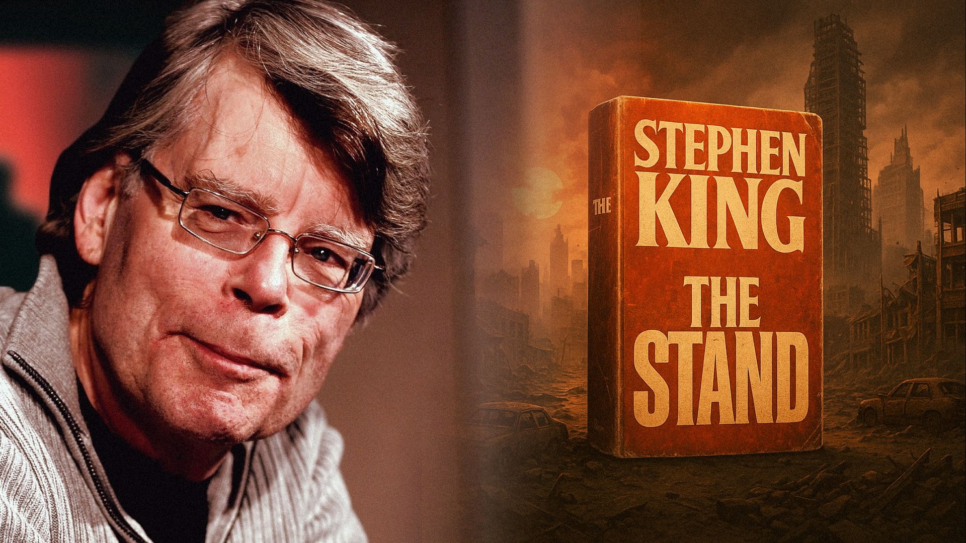 Writer Stephen King wearing glasses smiles with a book nearby, standing against the backdrop of a destroyed city