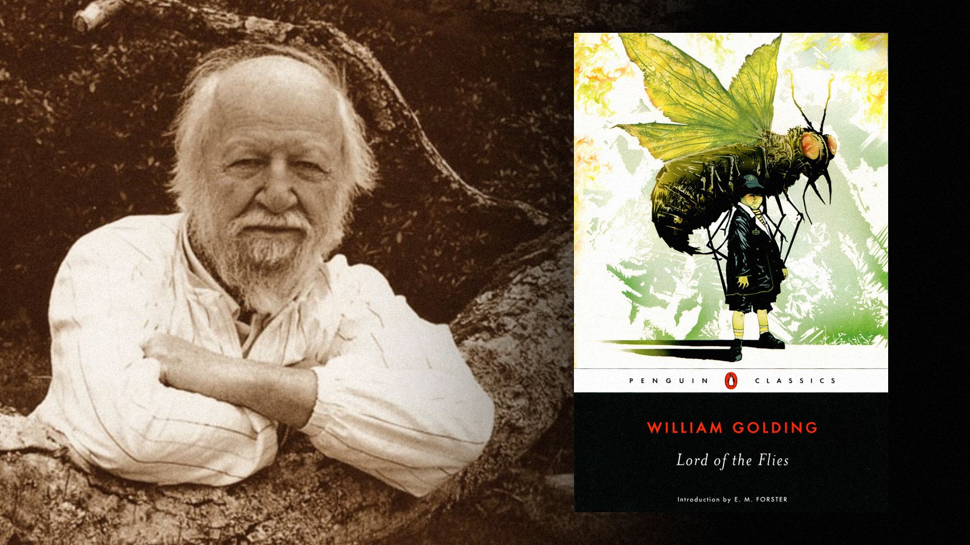Writer William Golding stands by a tree, next to a book cover showing a large fly and a boy
