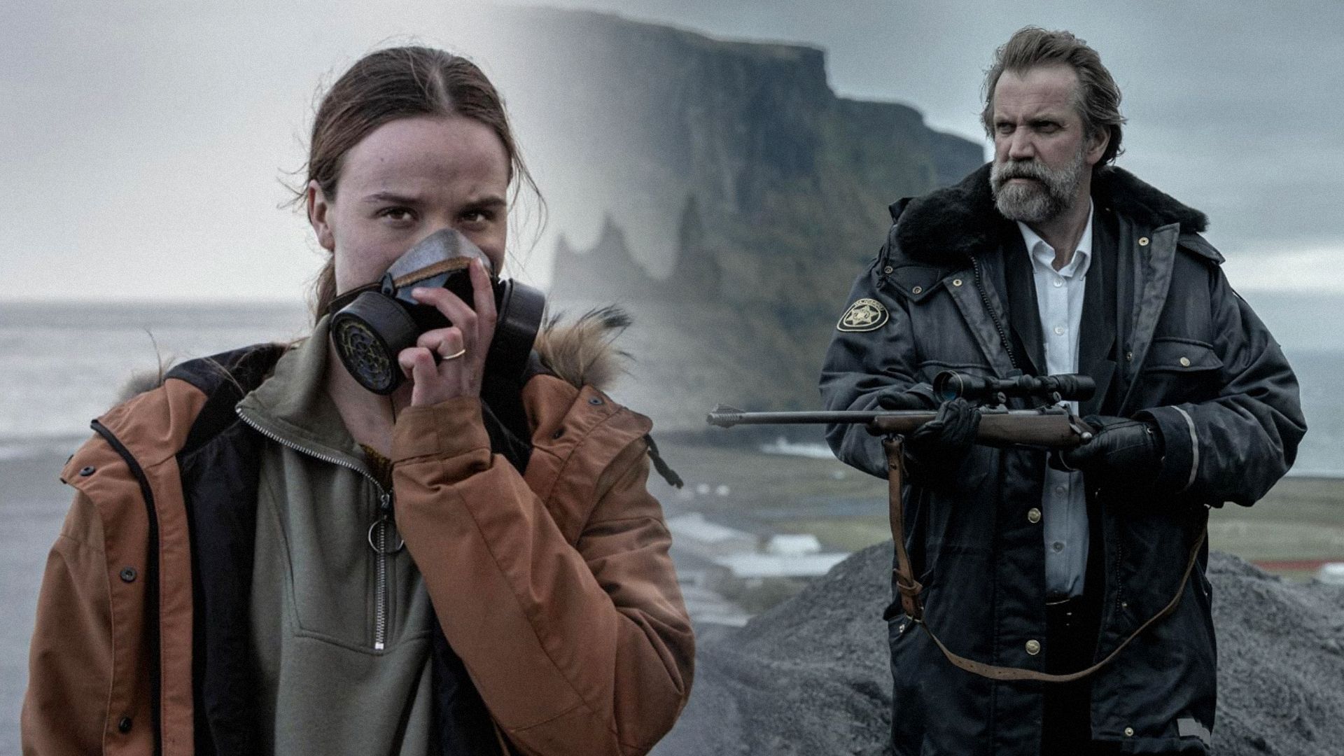 A girl in a brown jacket wearing a respirator and a man with a rifle in his hands
