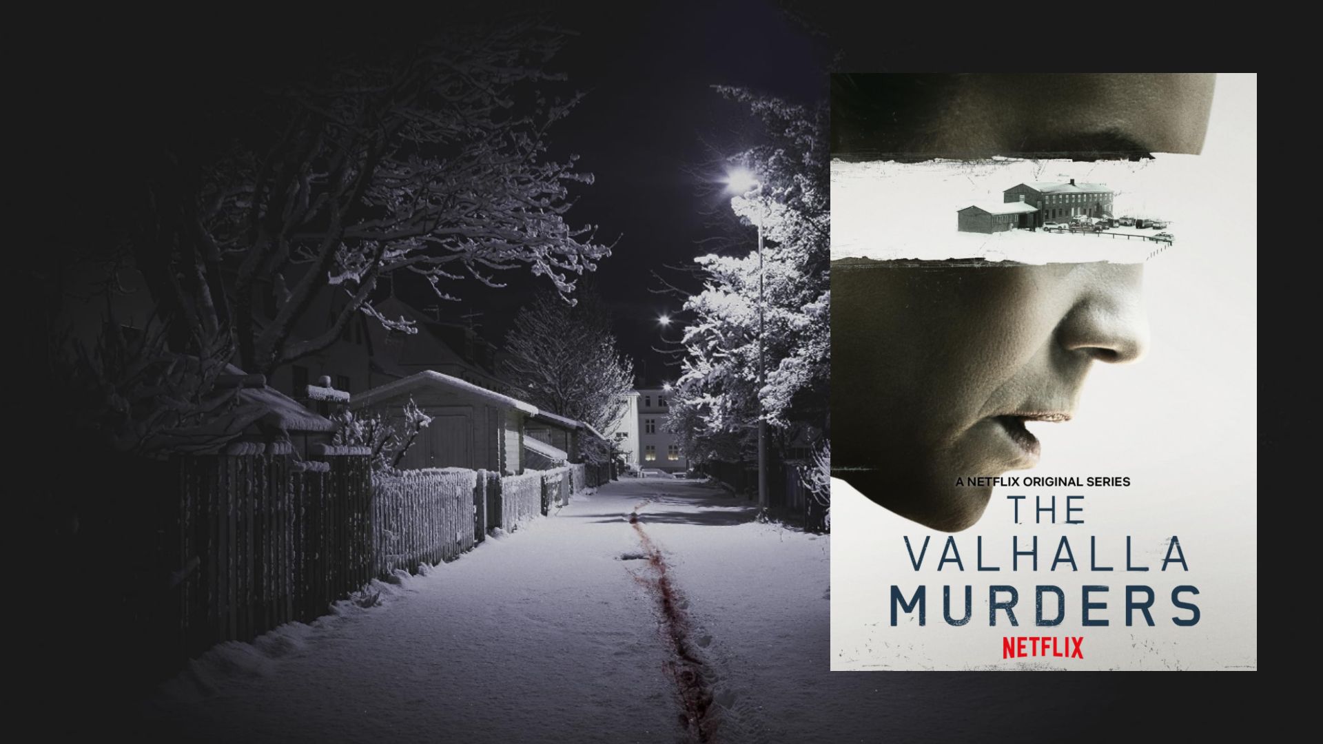 Snow-covered street under streetlamp light and a poster featuring a woman's profile