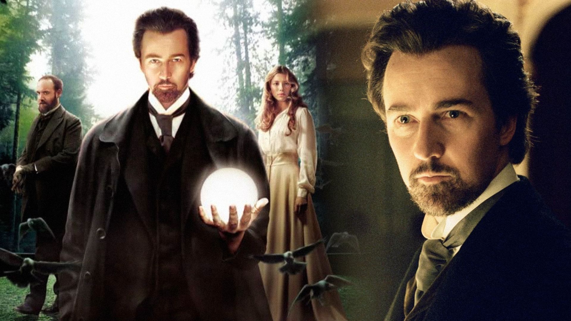 Actor Edward Norton in an old-fashioned black suit stands with a glowing orb in his hand