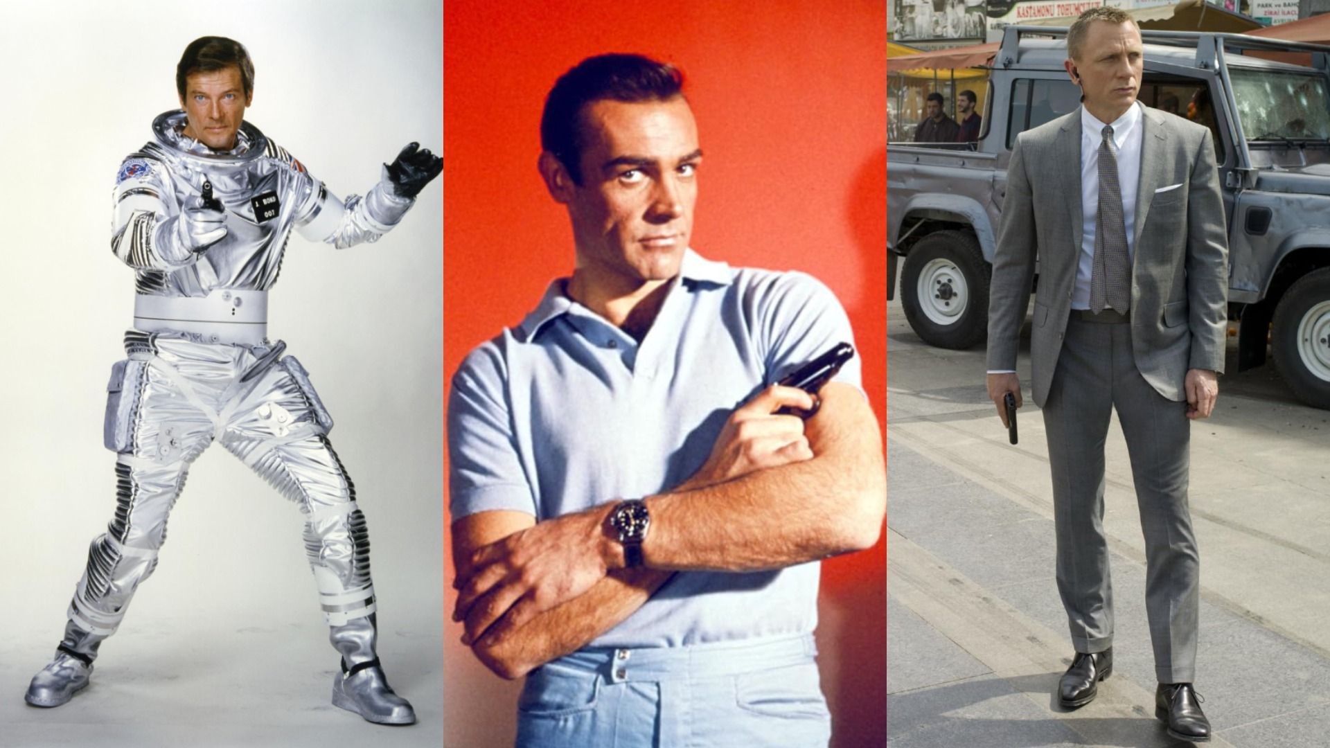 Actor Roger Moore in a spacesuit, actor Sean Connery with a gun, actor Daniel Craig in a gray suit