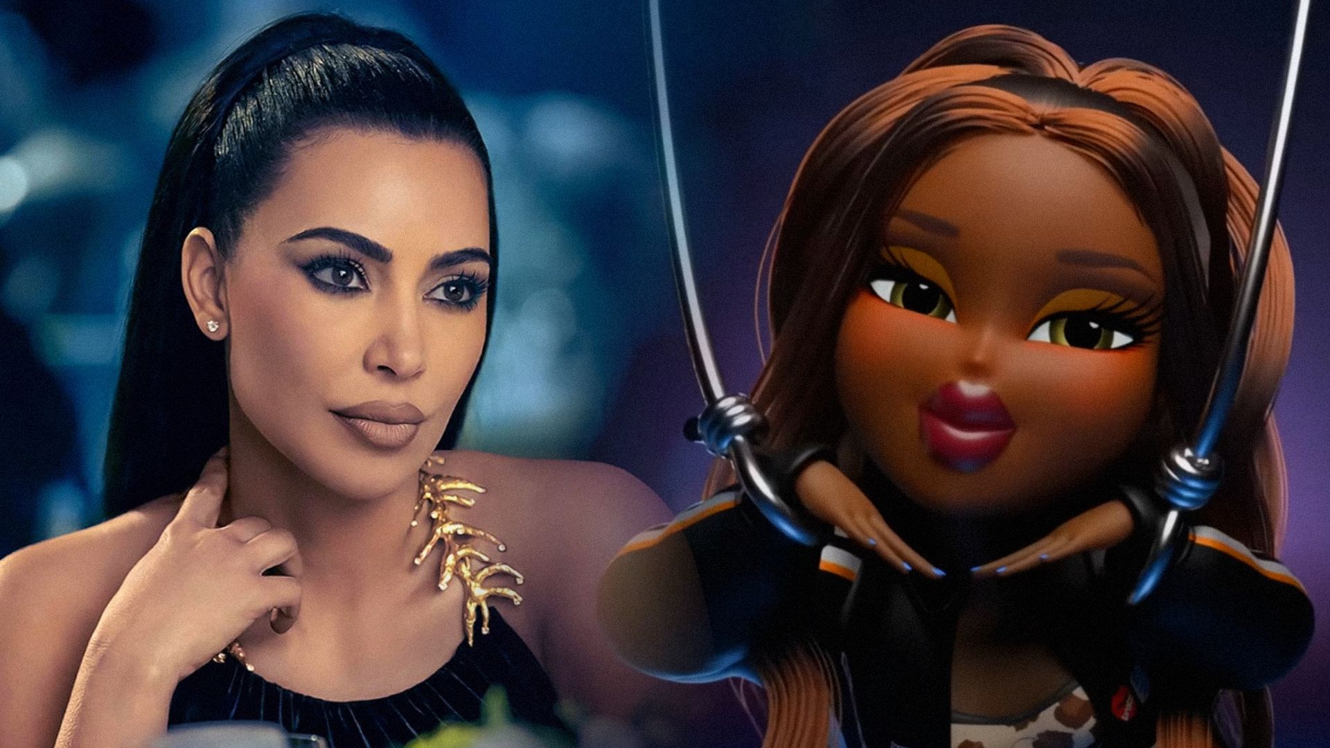 Actress Kim Kardashian in black dress against blue background, Bratz doll in black outfit