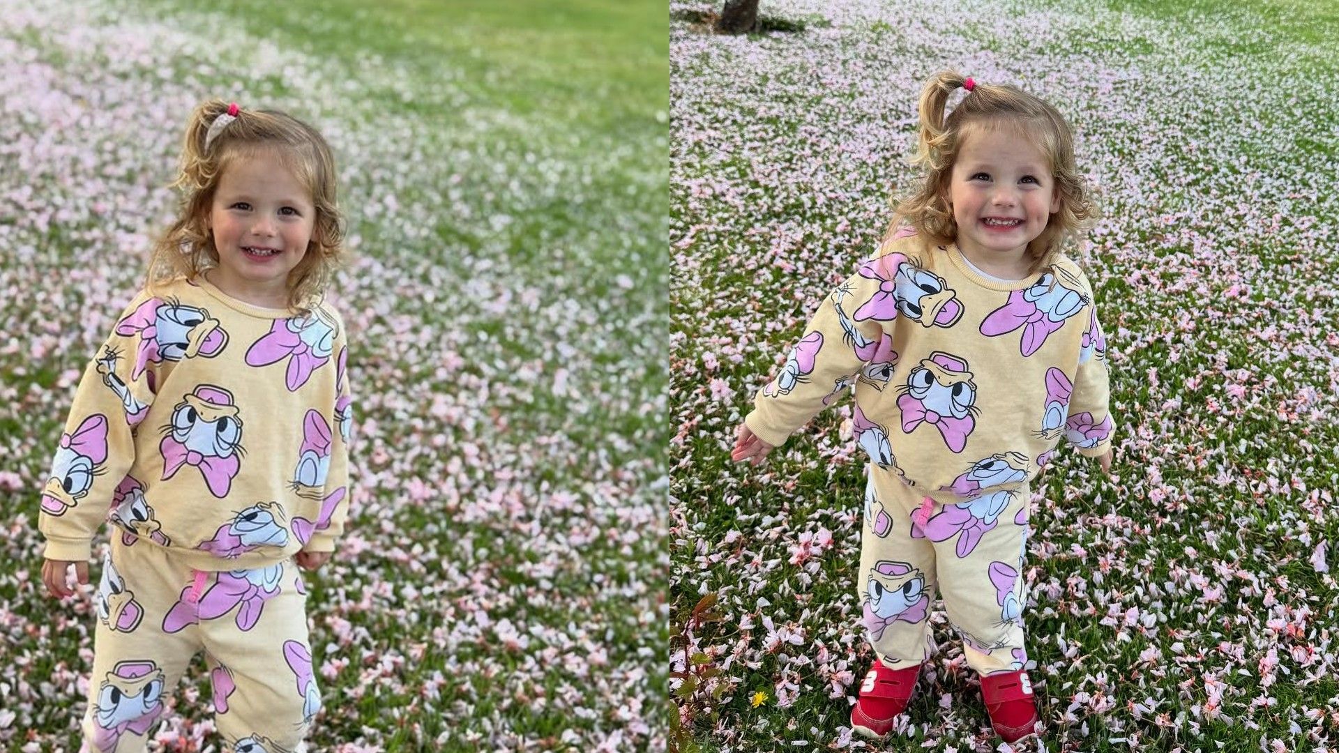 Collage of two photos of a little girl in pajamas with Daisy Duck