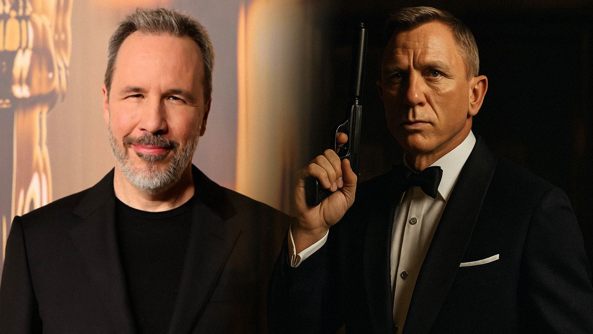 Director Denis Villeneuve in a black suit jacket, actor Daniel Craig in a black suit jacket with a gun in his hands