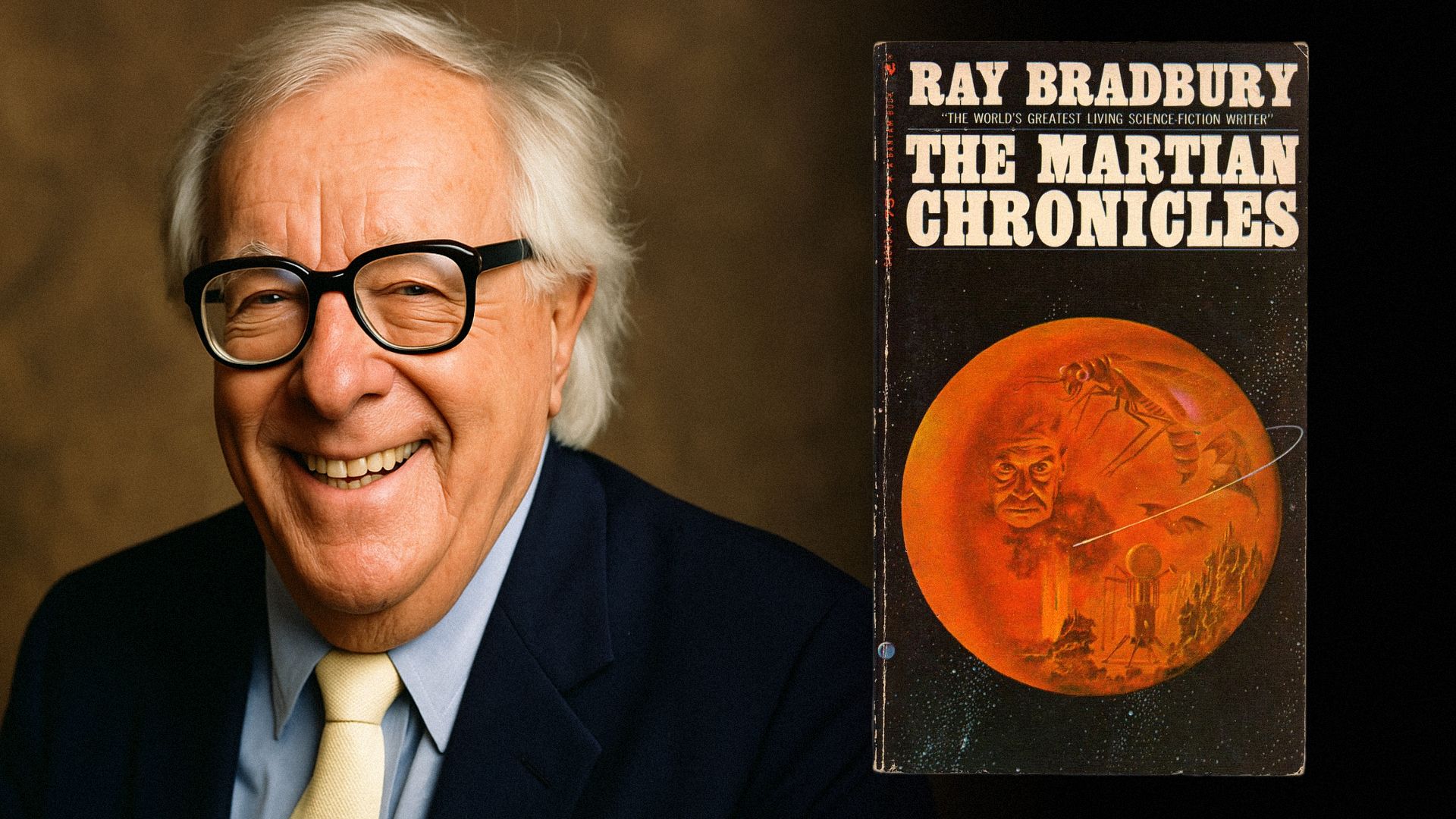 Writer Ray Bradbury in a black suit smiling, next to a book cover featuring the planet Mars