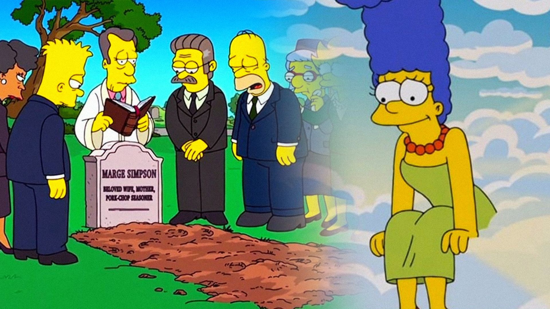 A group of people in suits standing by a grave while nearby a woman with blue hair sits on a cloud