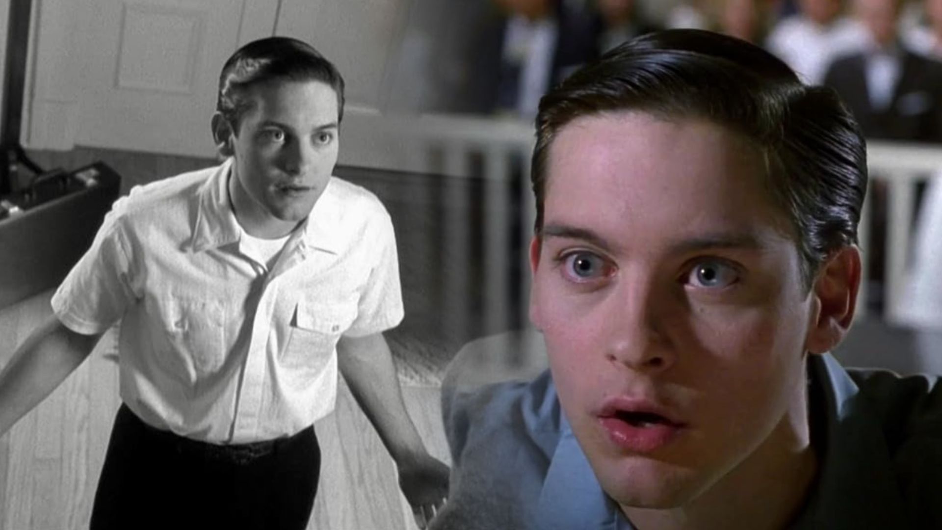 Actor Tobey Maguire in a white shirt in black and white
