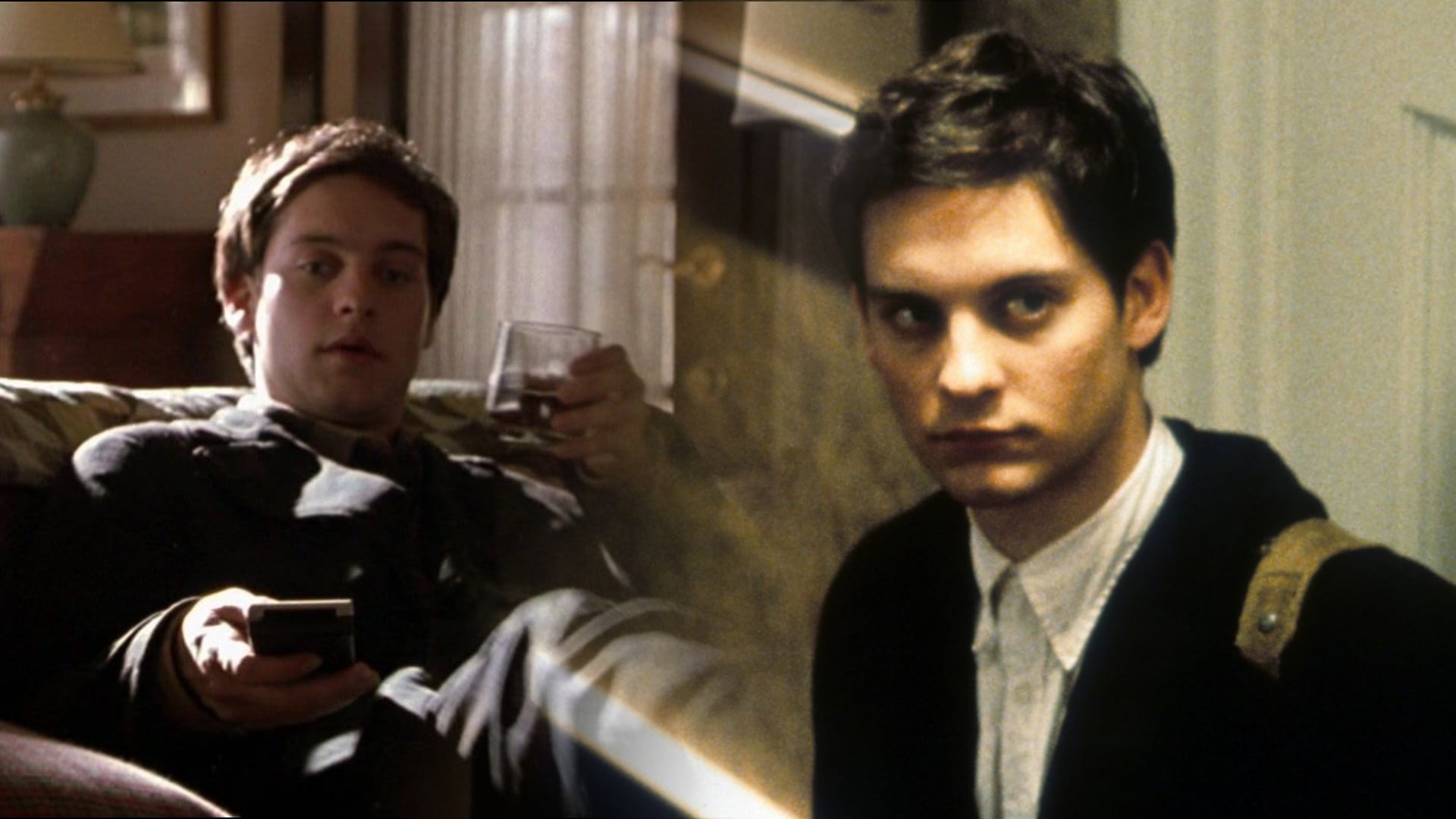 Actor Tobey Maguire in black clothing sits on a bed with a glass in his hands