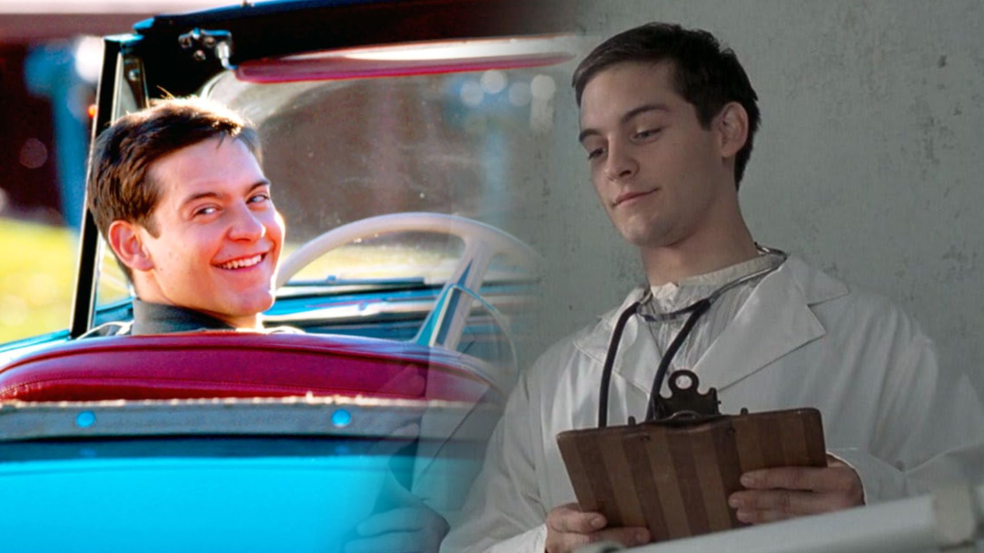 Actor Tobey Maguire sits behind the wheel of a car and stands in a white robe