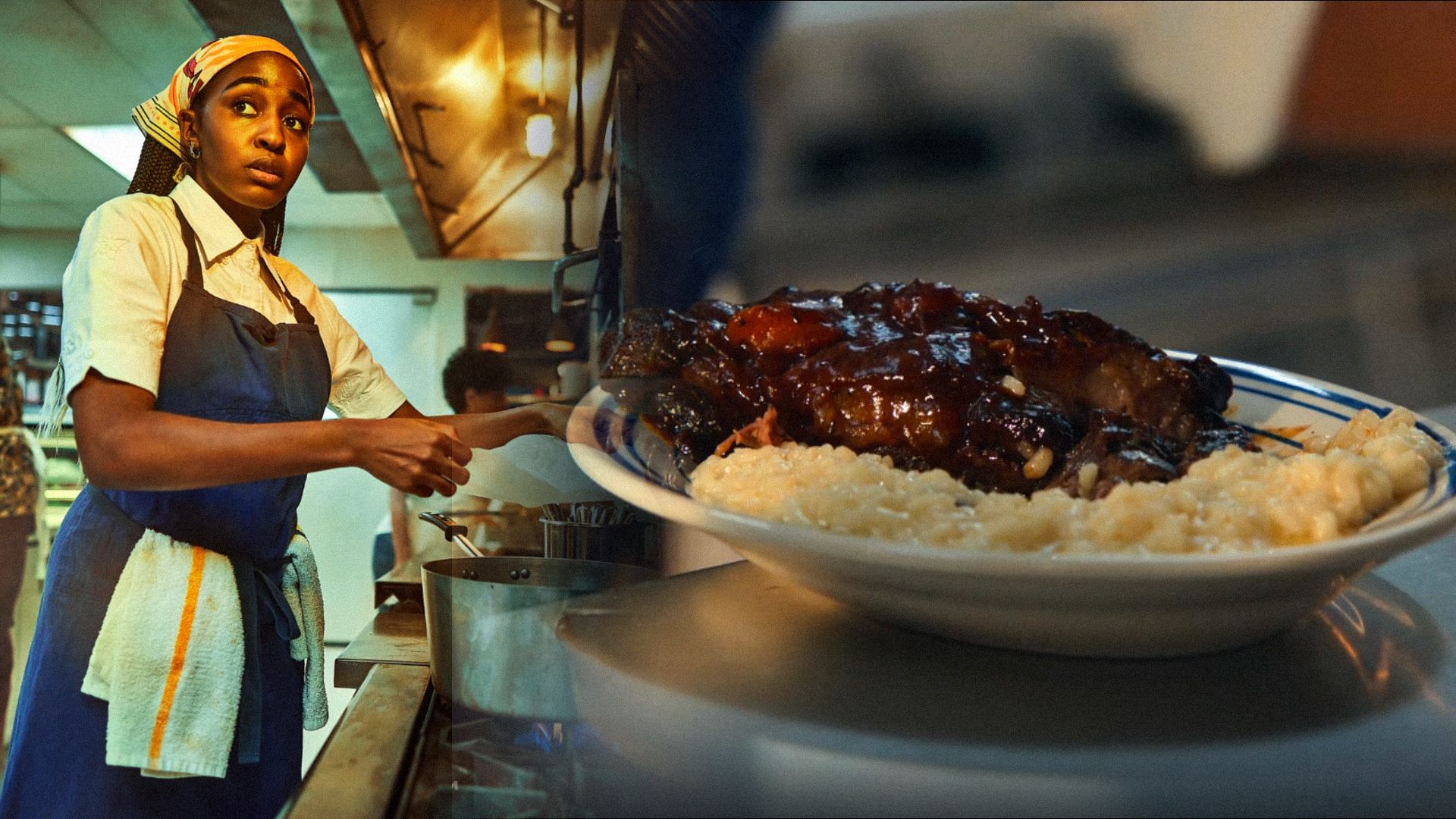 Actress Ayo Edebiri in chef's uniform in the kitchen, with braised ribs in sauce and risotto nearby