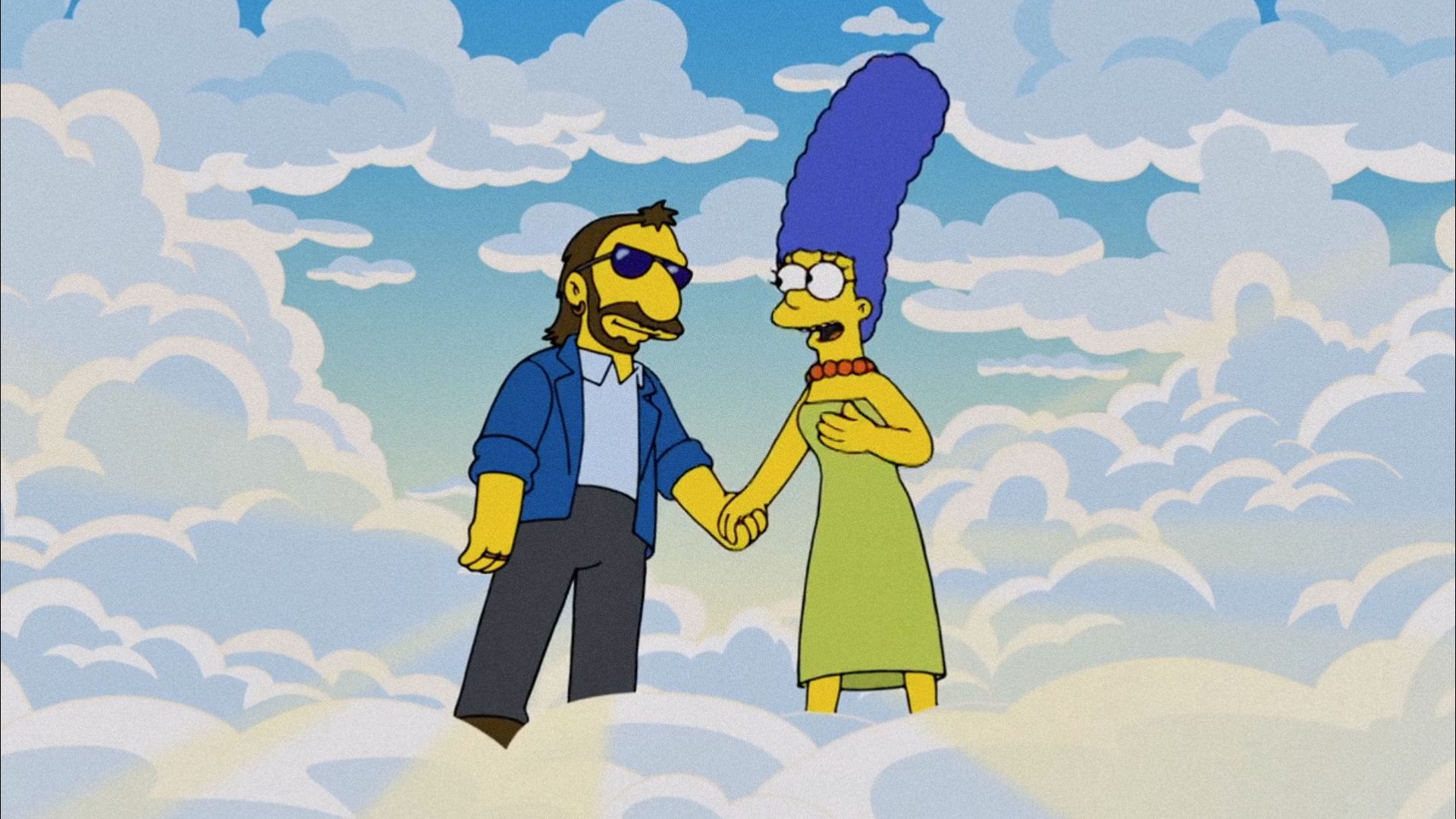 Singer Ringo Starr drawn in cartoon style and a woman with blue hair standing on clouds