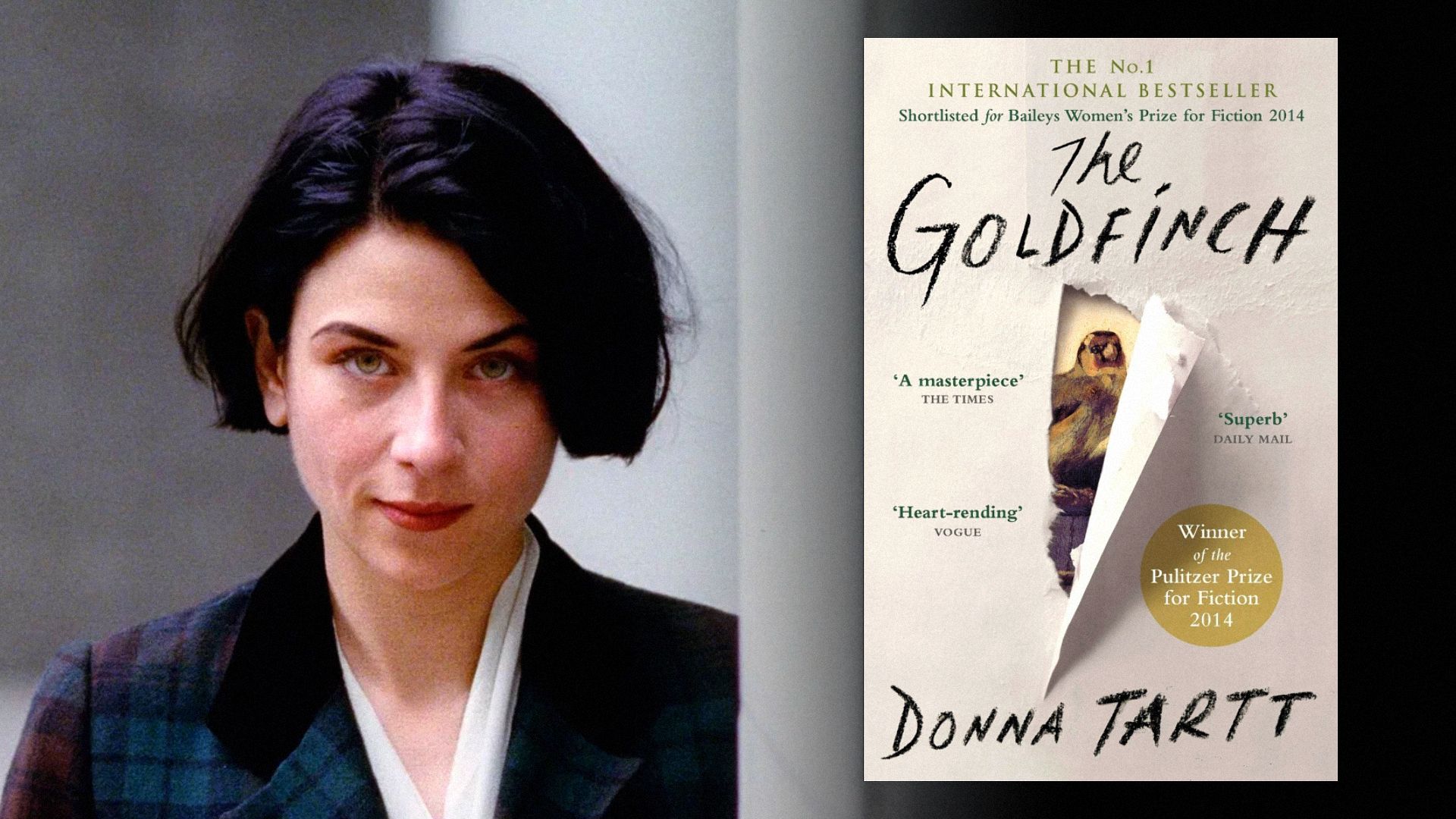 Writer Donna Tartt in a checkered blazer, next to a book cover featuring a bird