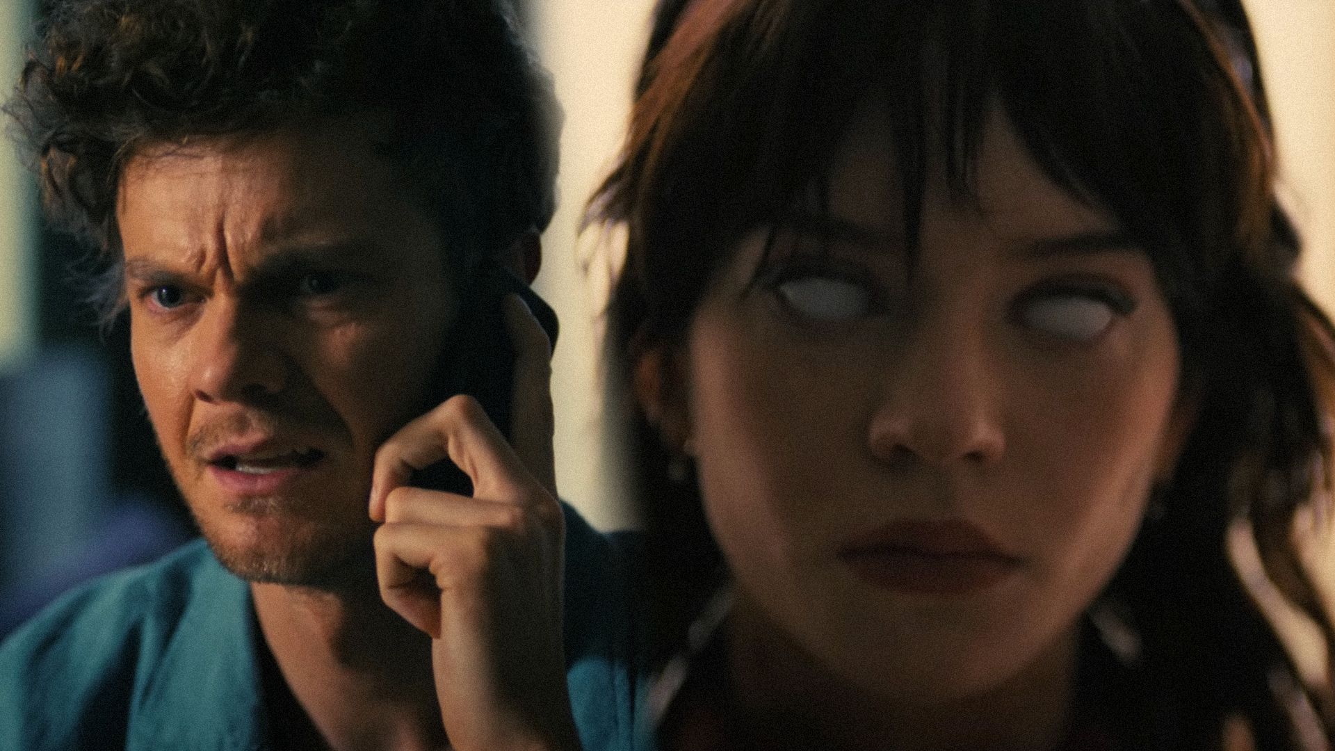 A man with a serious expression is talking on the phone and a woman with white eyes