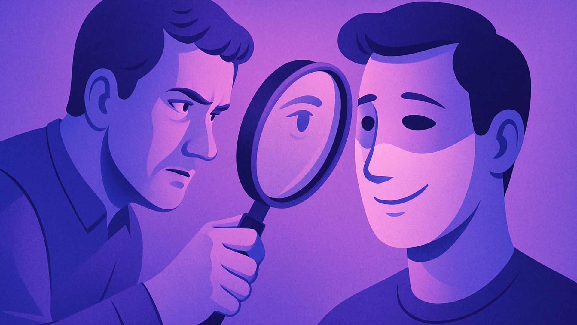 A person with a magnifying glass examines another person's face