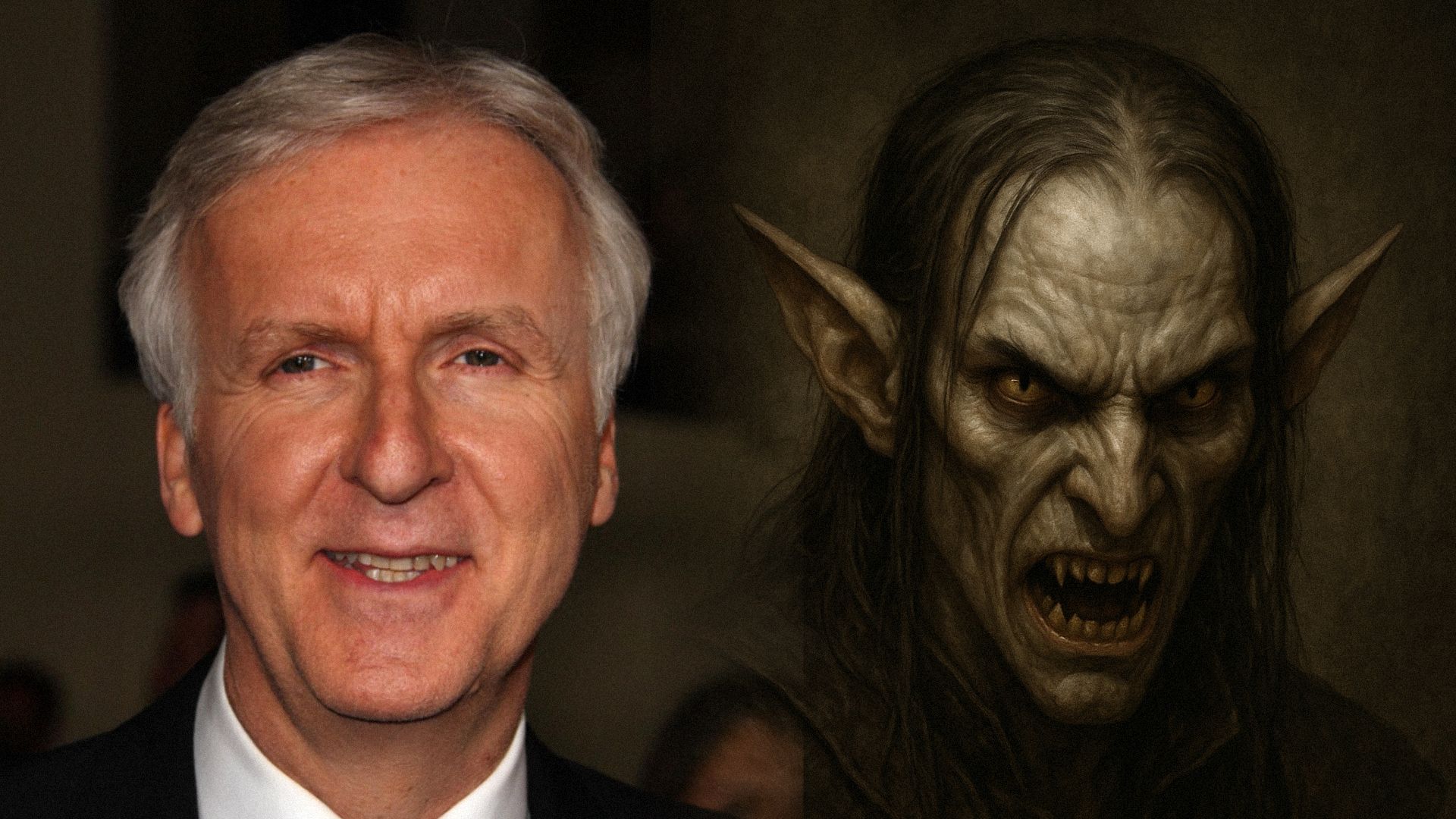 Director James Cameron smiles in a black suit and an evil elf with long ears and fangs