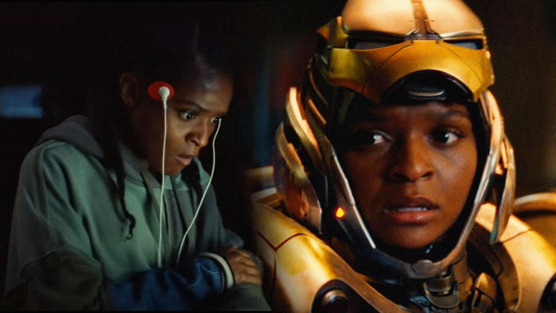 Girl in an iron superhero costume looks frightenedly to the side