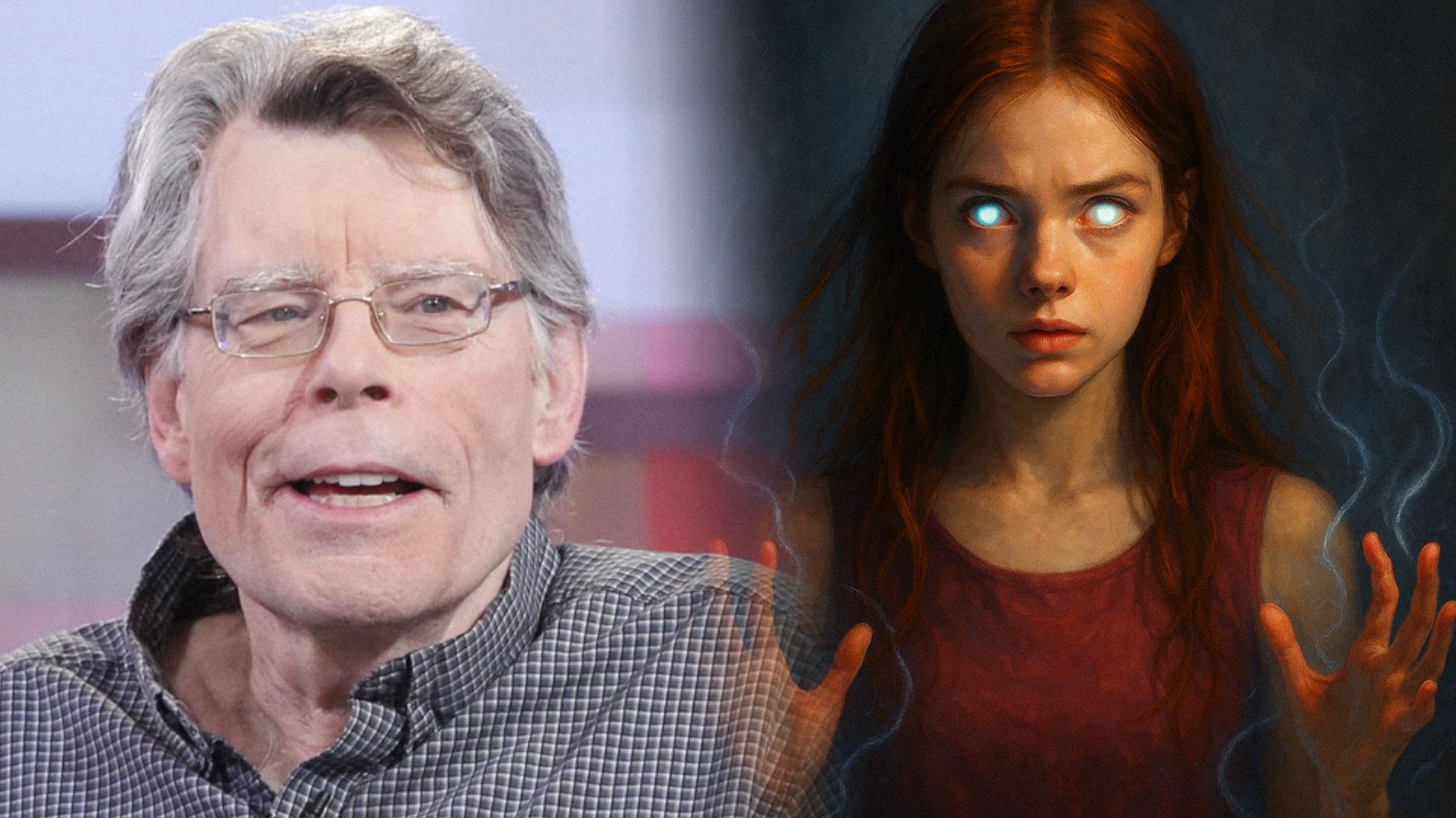 Writer Stephen King smiles in glasses and a girl in a red tank top with glowing eyes