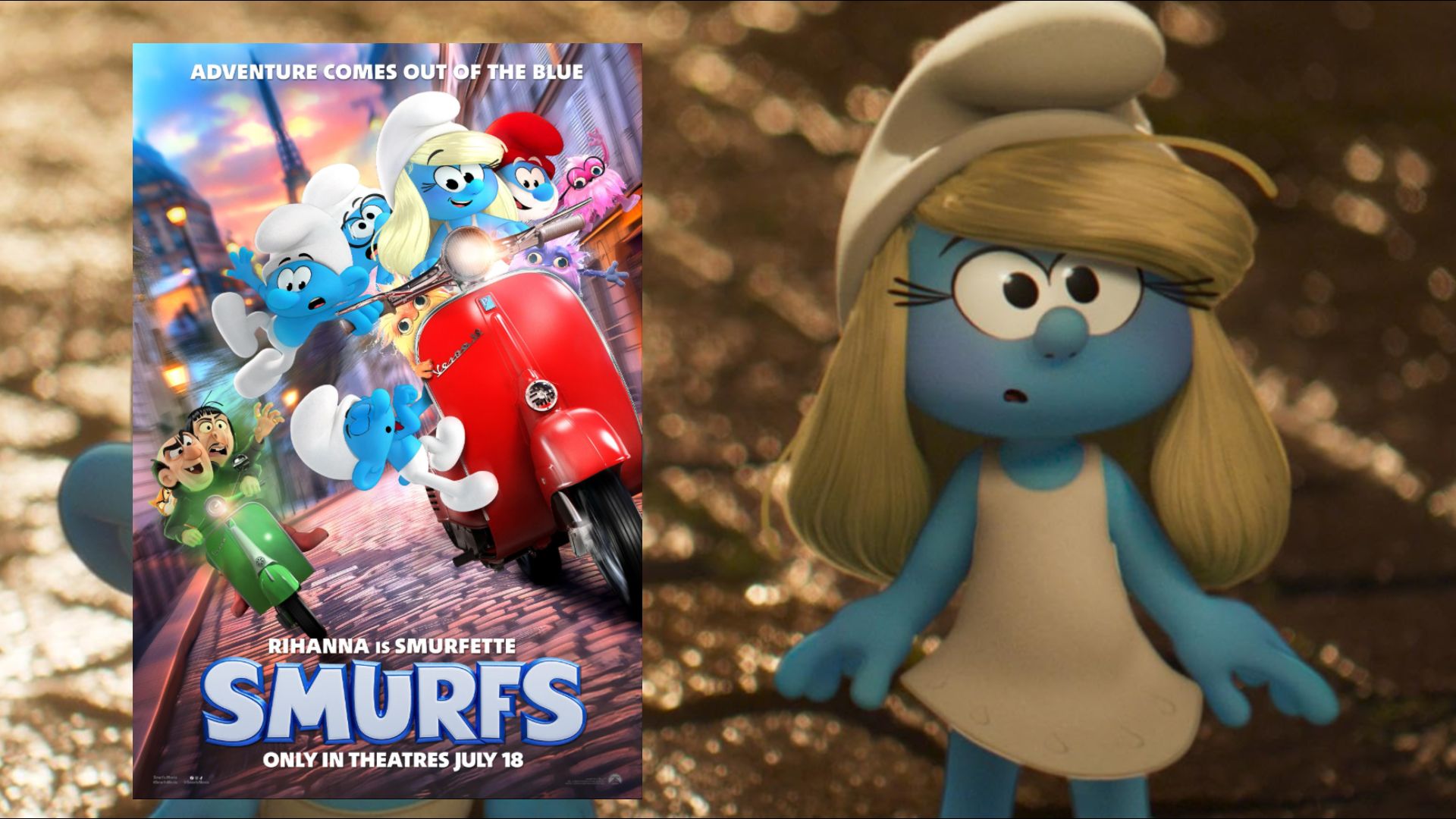 A small blue creature with a white hat on its head, next to a movie poster showing similar creatures riding a scooter