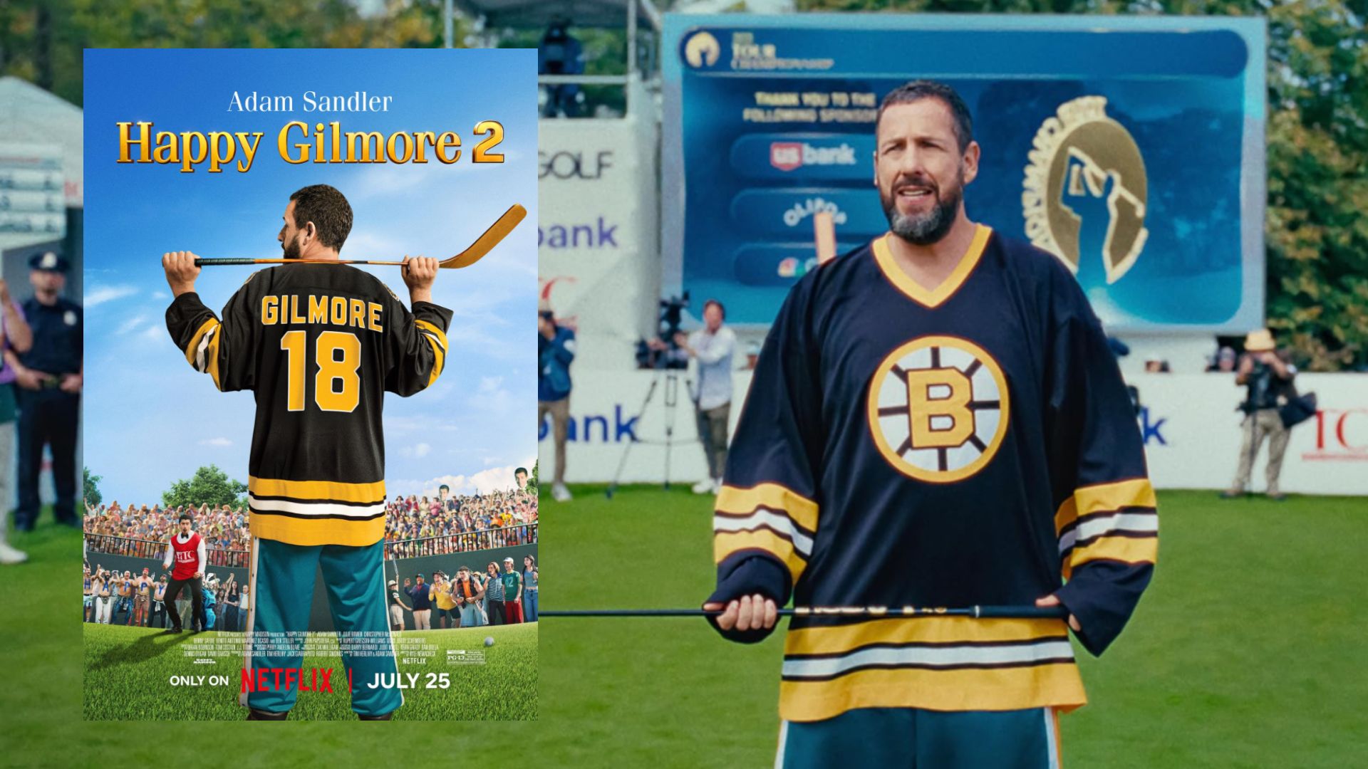 Actor Adam Sandler holding a golf club stands on a golf course, next to a movie poster showing the actor standing with his back turned