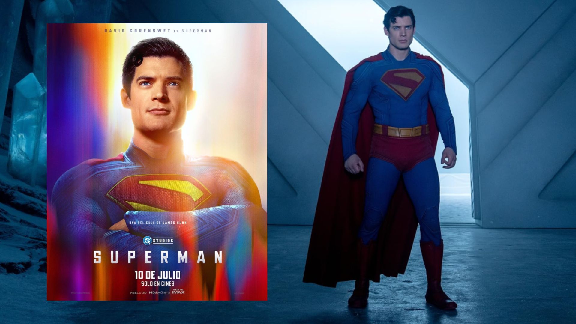 Actor David Corenswet in a blue superhero costume, next to a movie poster where the actor looks at the camera with his arms crossed over his chest