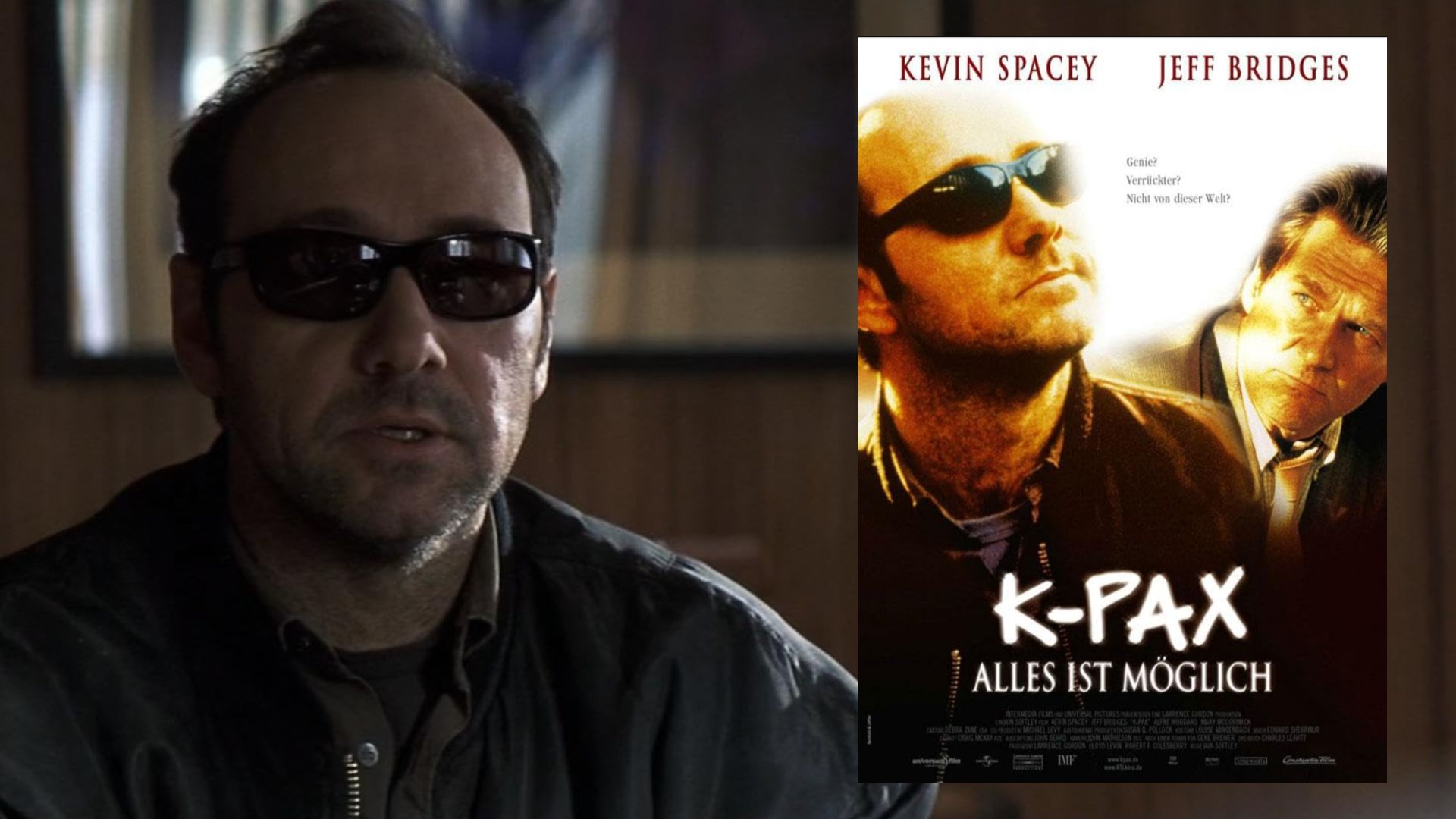 Actor Kevin Spacey in glasses and a dark jacket, next to a movie poster showing the actor standing alongside Jeff Bridges
