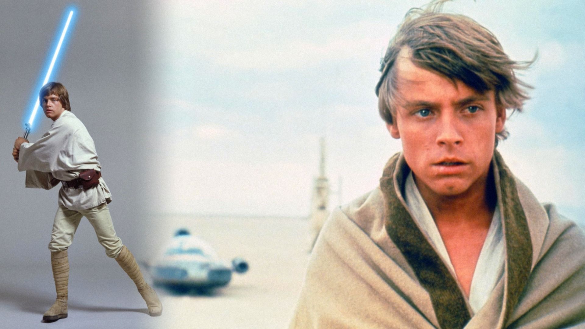 Actor Mark Hamill in a white costume with a lightsaber and in a beige cloak